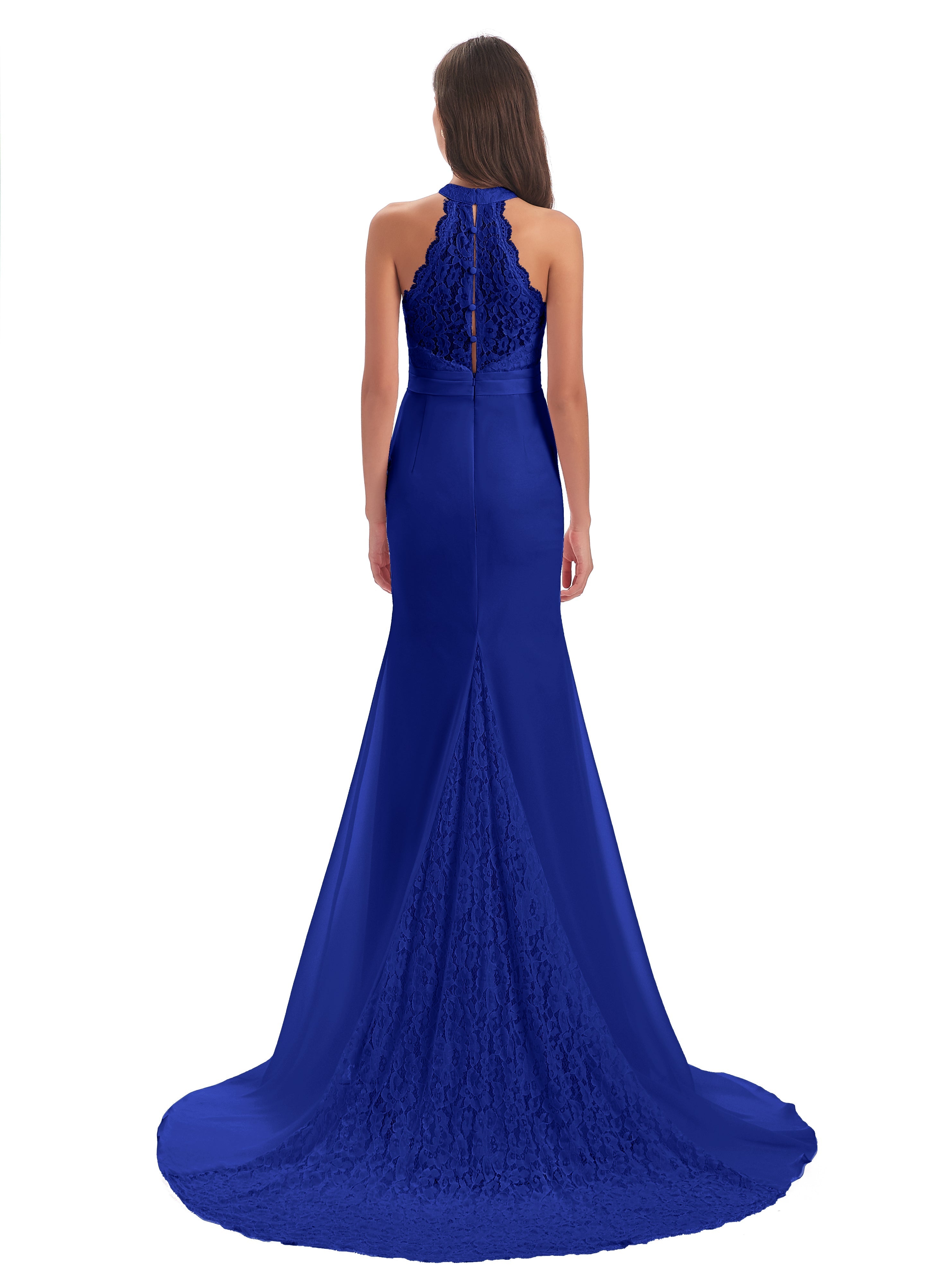 Long Robe Demoiselle D Honneur Bleu Roi Dentelle/Mousseline Longue Robes Demoiselle D'Honneur