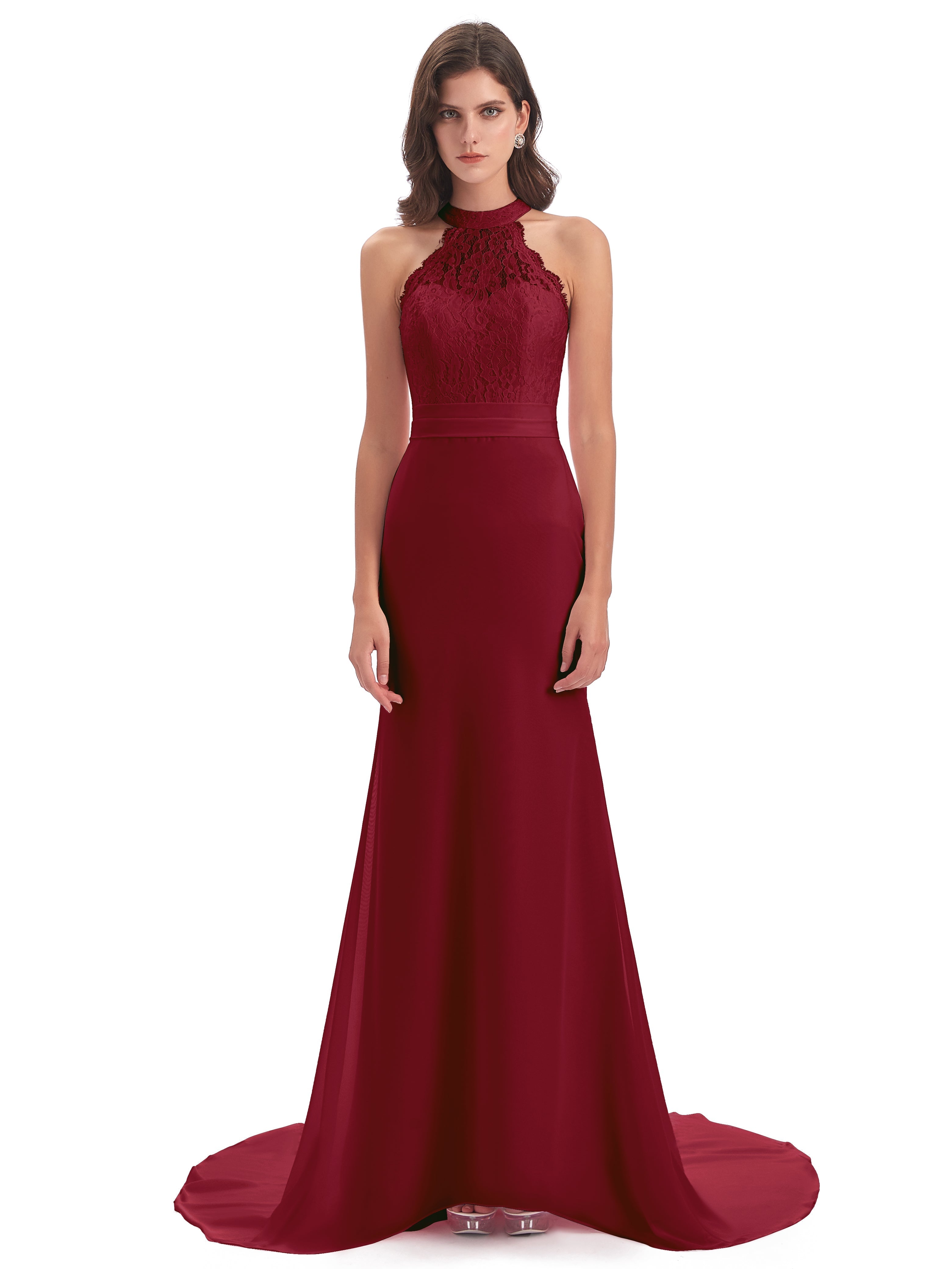 Robe Longue Demoiselle D Honneur Bordeaux Dentelle/Mousseline Longue Robes Demoiselle D'Honneur