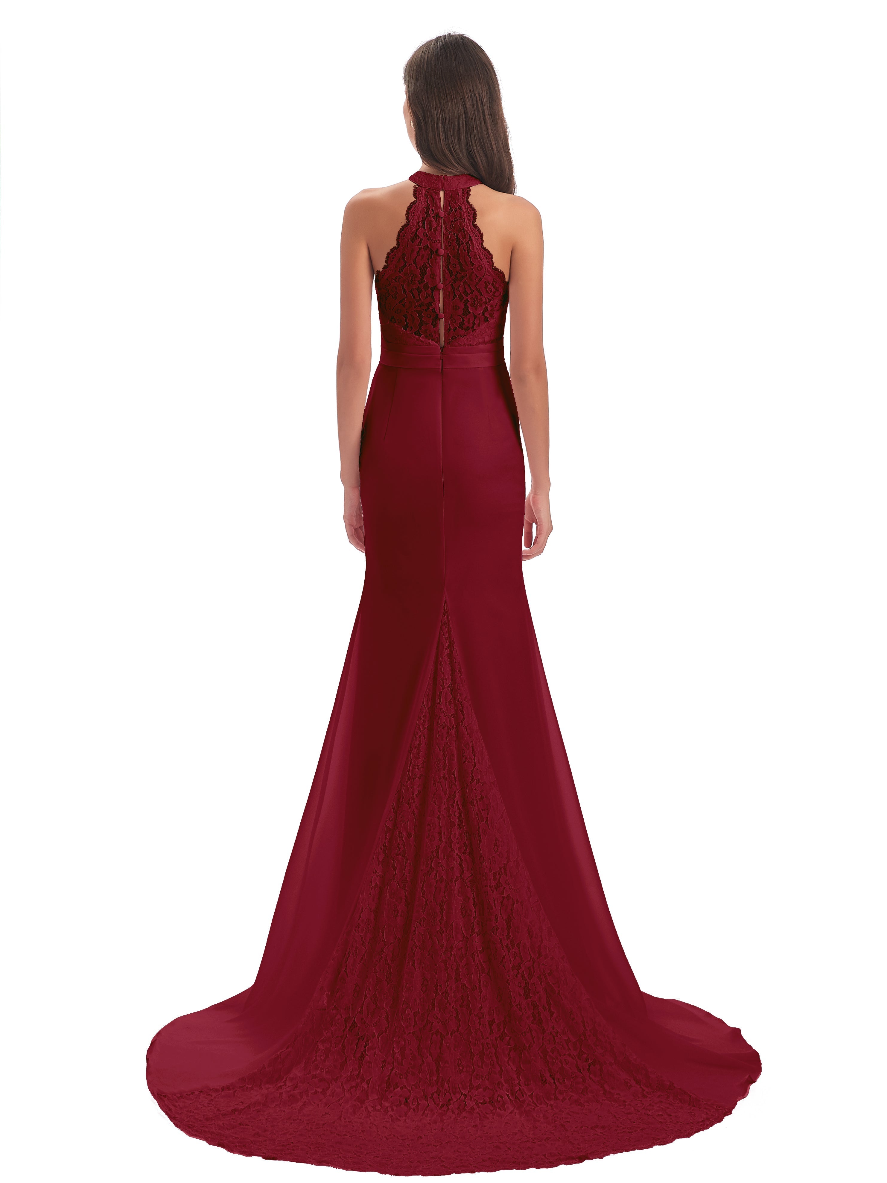 Robe Longue Demoiselle D Honneur Bordeaux Dentelle/Mousseline Longue Robes Demoiselle D'Honneur