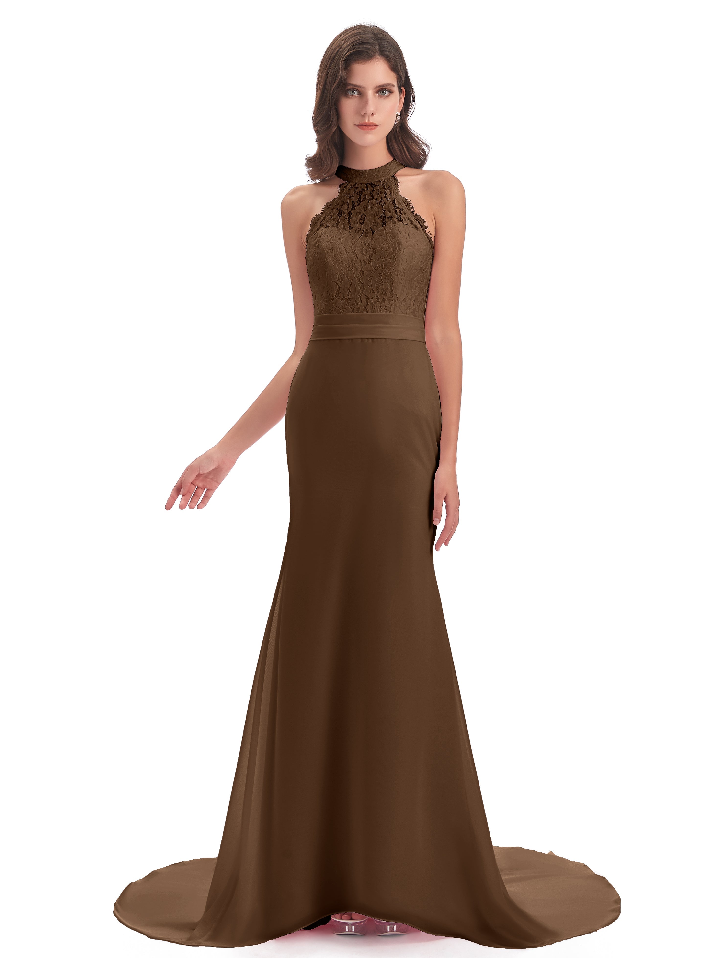 Robe Demoiselle D Honneur Brun Dentelle/Mousseline Longue Robes Demoiselle D'Honneur