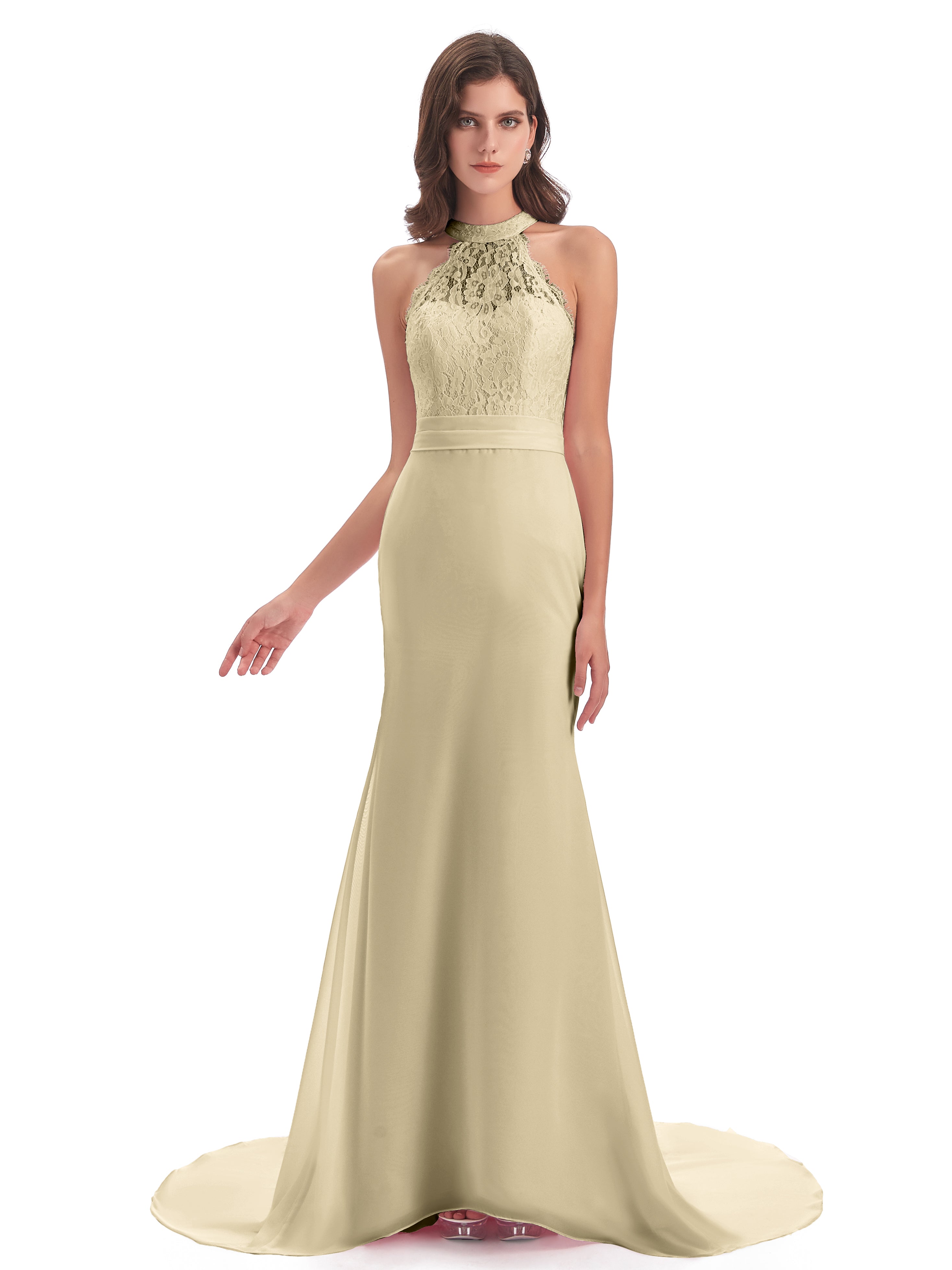Robe De Demoiselle D Honneur Champagne Dentelle/Mousseline Longue Robes Demoiselle D'Honneur