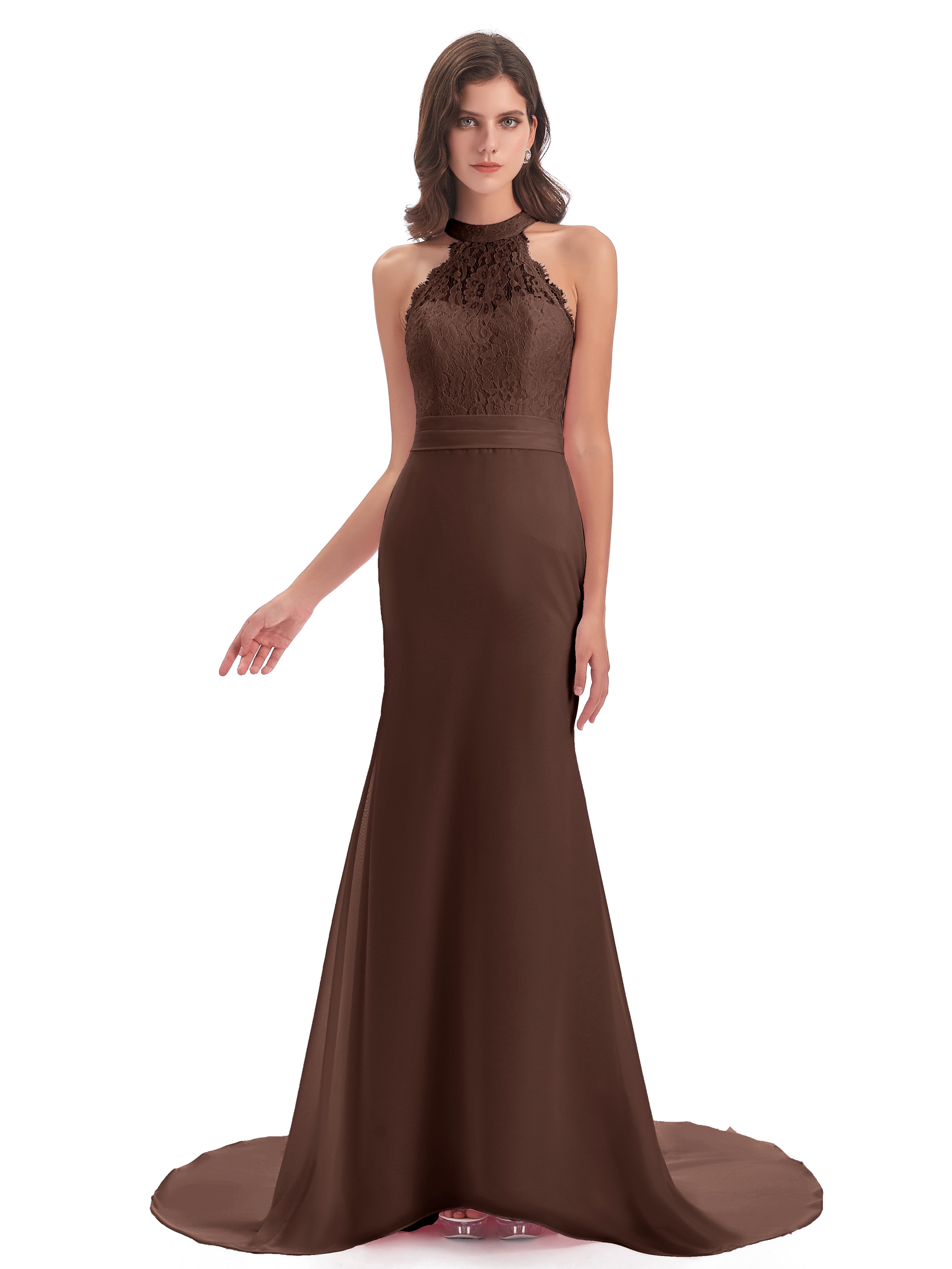 Robe Chocolat Demoiselle D Honneur Dentelle/Mousseline Longue Robes Demoiselle D'Honneur