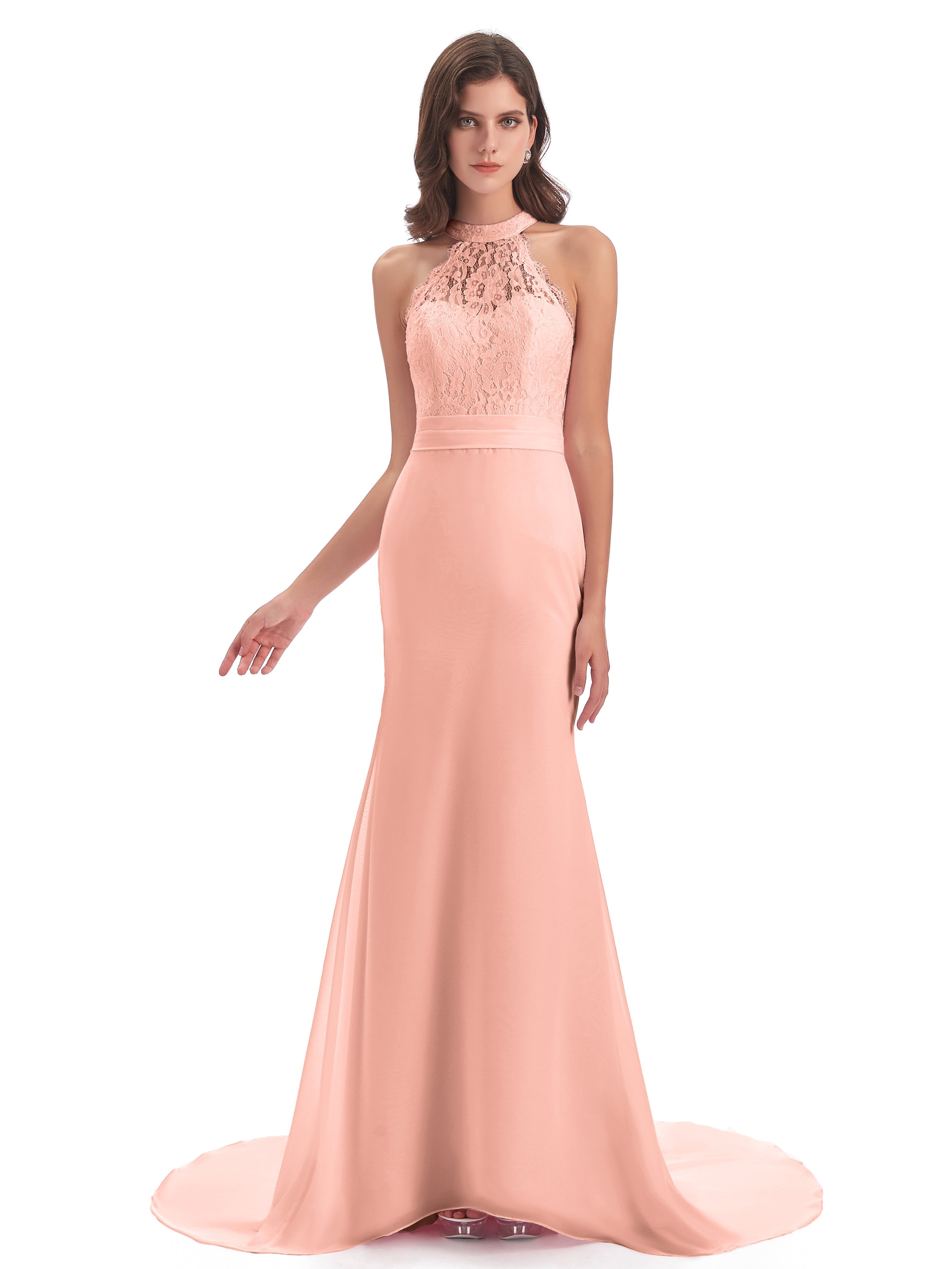 Corail Robe Demoiselle Honneur Dentelle/Mousseline Longue Robes Demoiselle D'Honneur