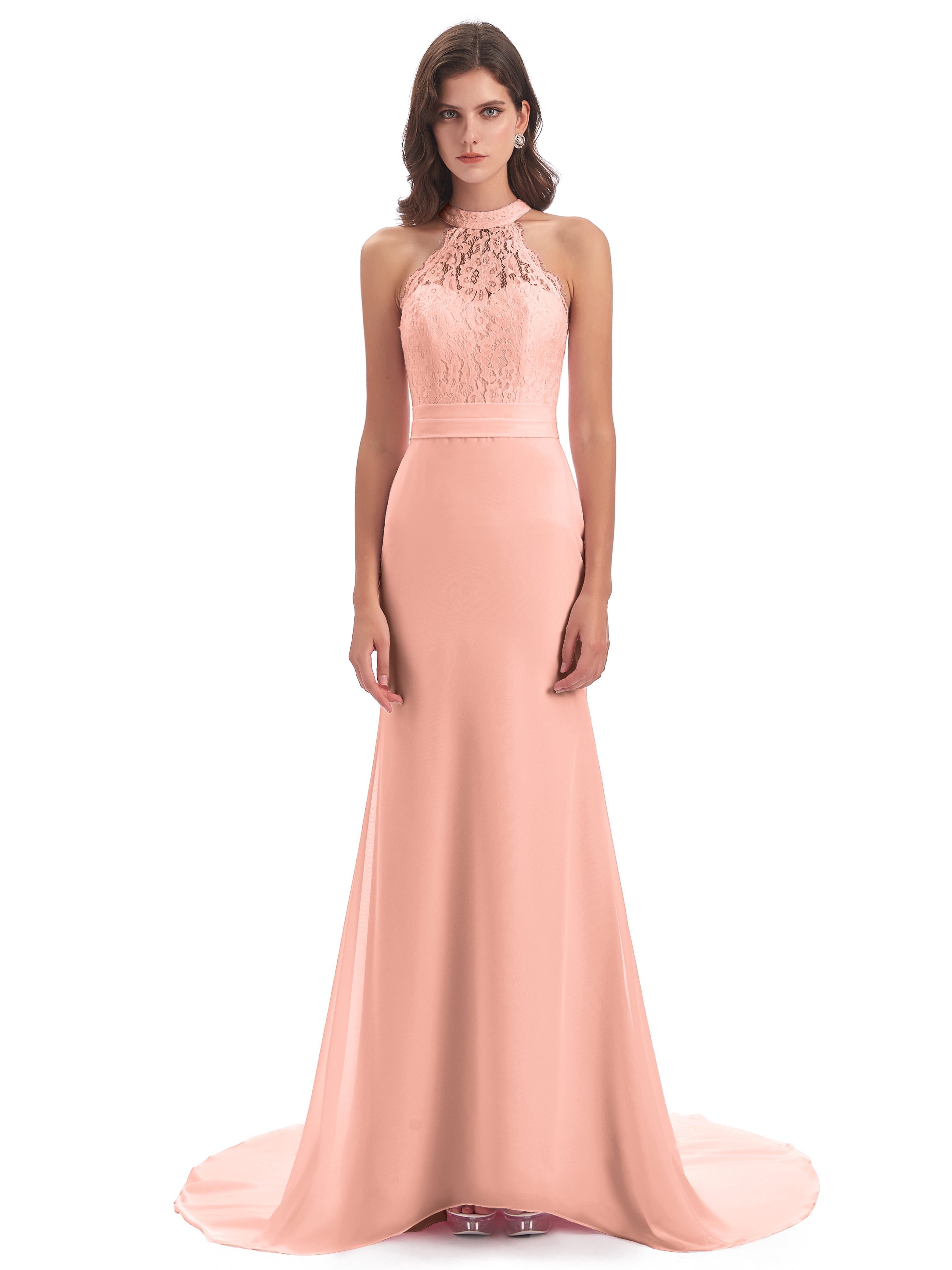 Corail Robe Demoiselle Honneur Dentelle/Mousseline Longue Robes Demoiselle D'Honneur