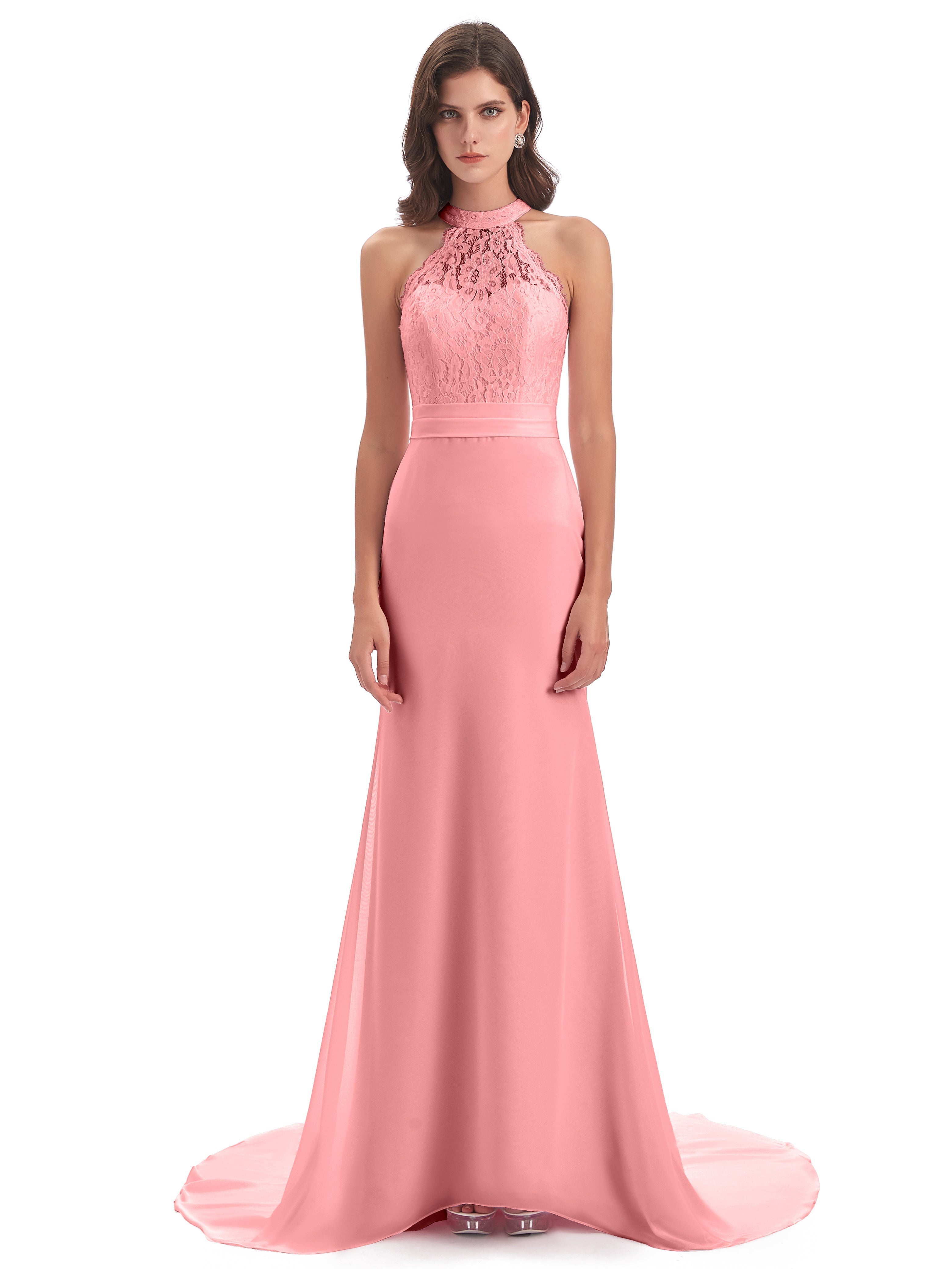 Robes De Demoiselle D'Honneur En Flamant Dentelle/Mousseline Longue Robes Demoiselle D'Honneur