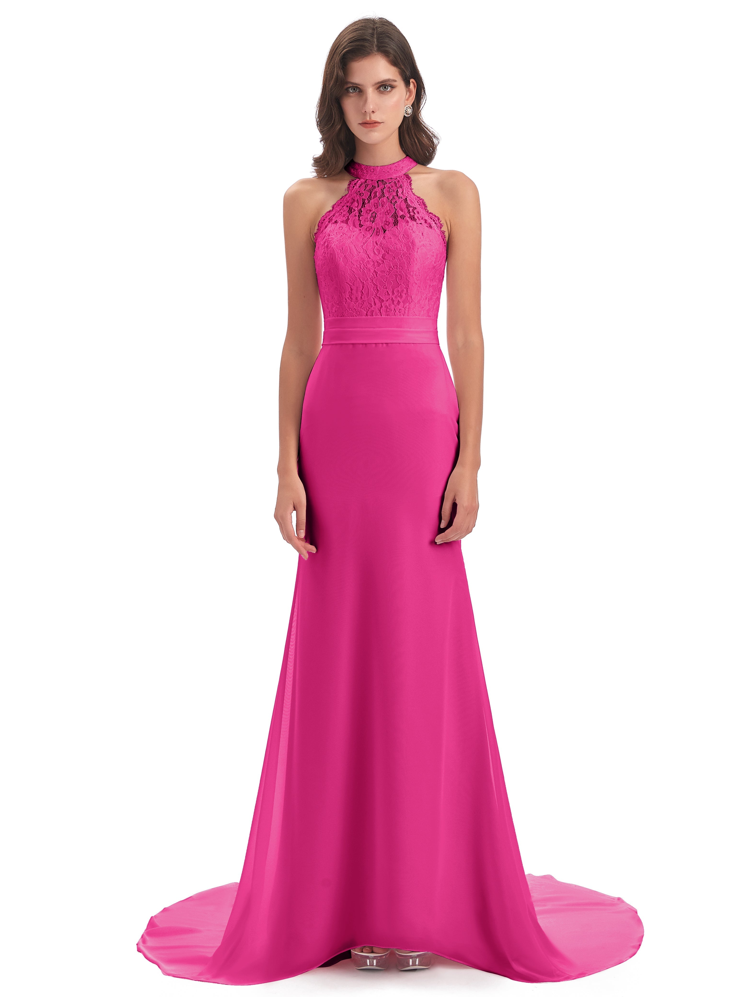 Robe Demoiselle D Honneur Rose Fuchsia Dentelle/Mousseline Longue Robes Demoiselle D'Honneur