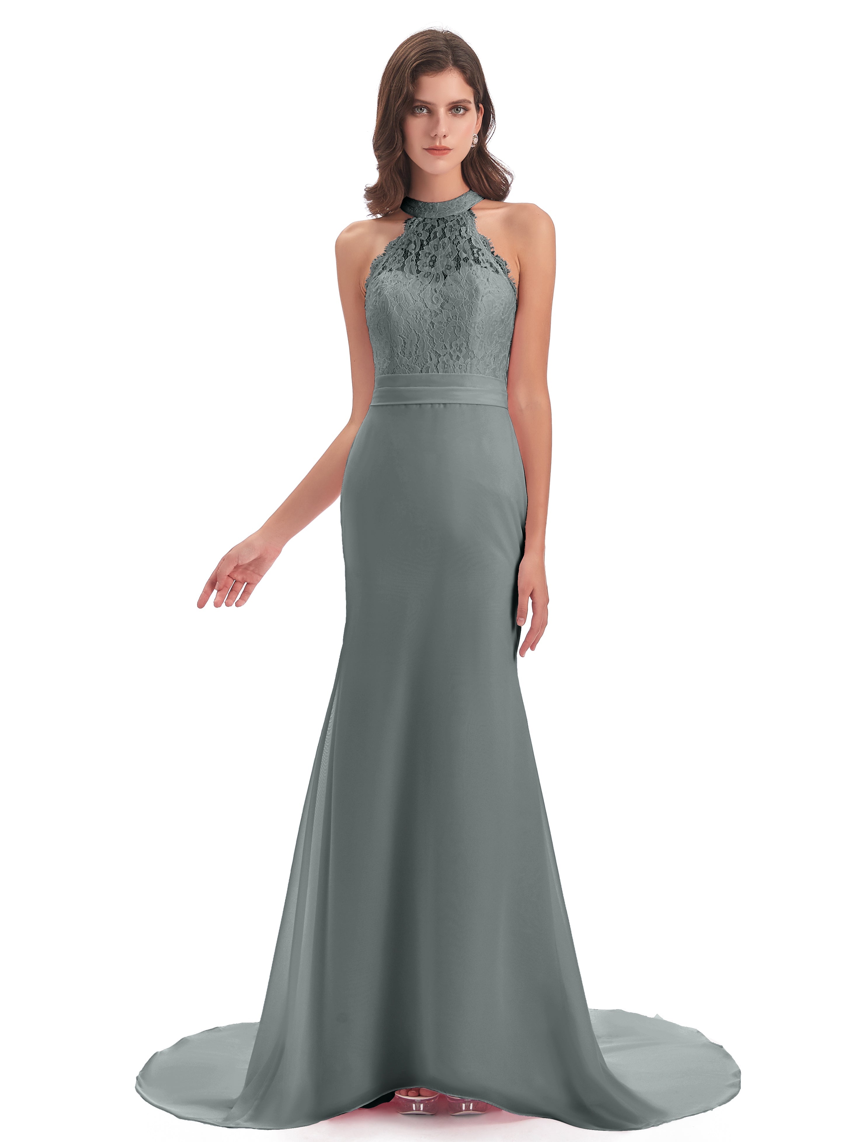 Robe De Demoiselle D Honneur Grise Dentelle/Mousseline Longue Robes Demoiselle D'Honneur