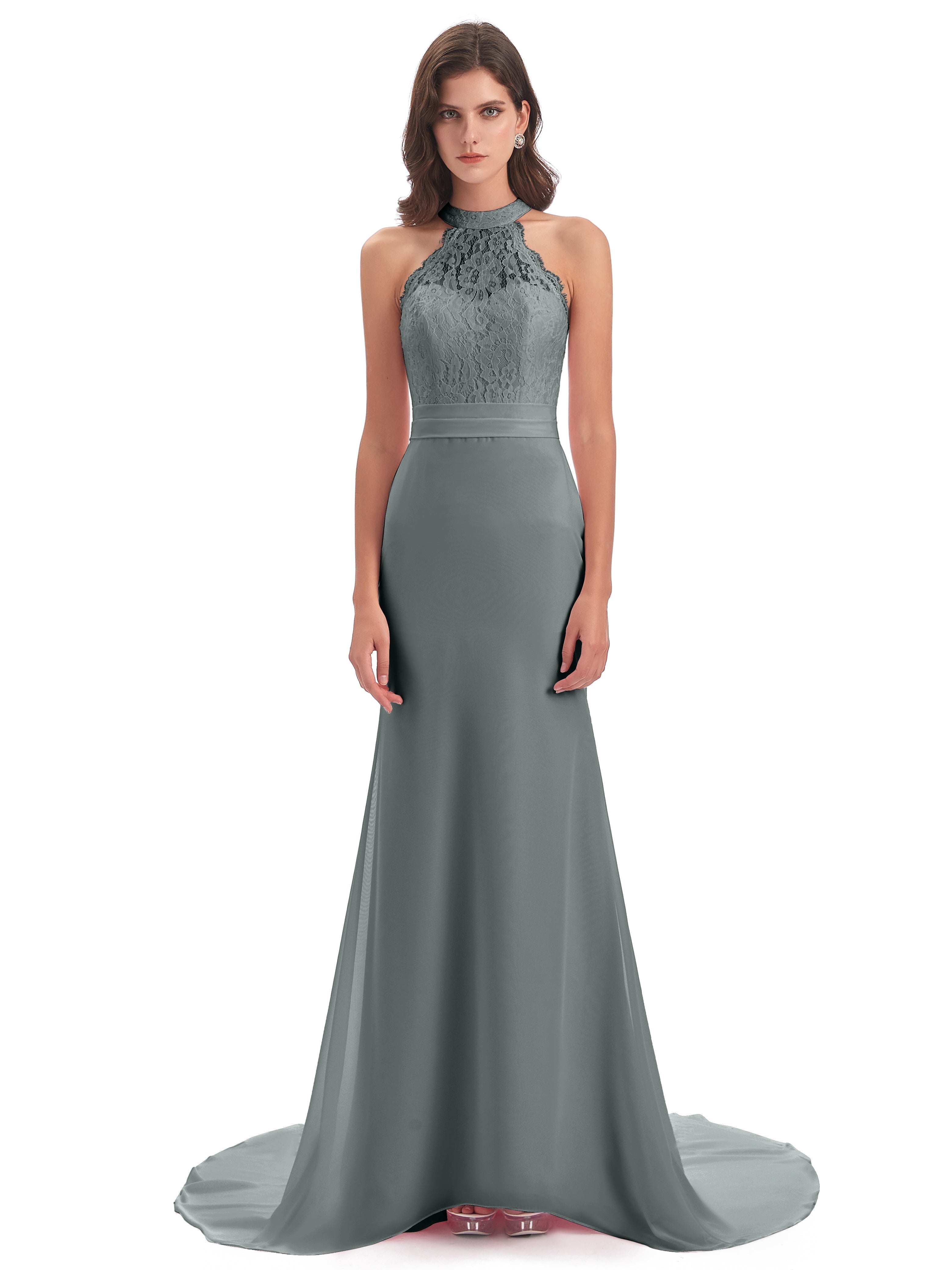 Robe De Demoiselle D Honneur Grise Dentelle/Mousseline Longue Robes Demoiselle D'Honneur