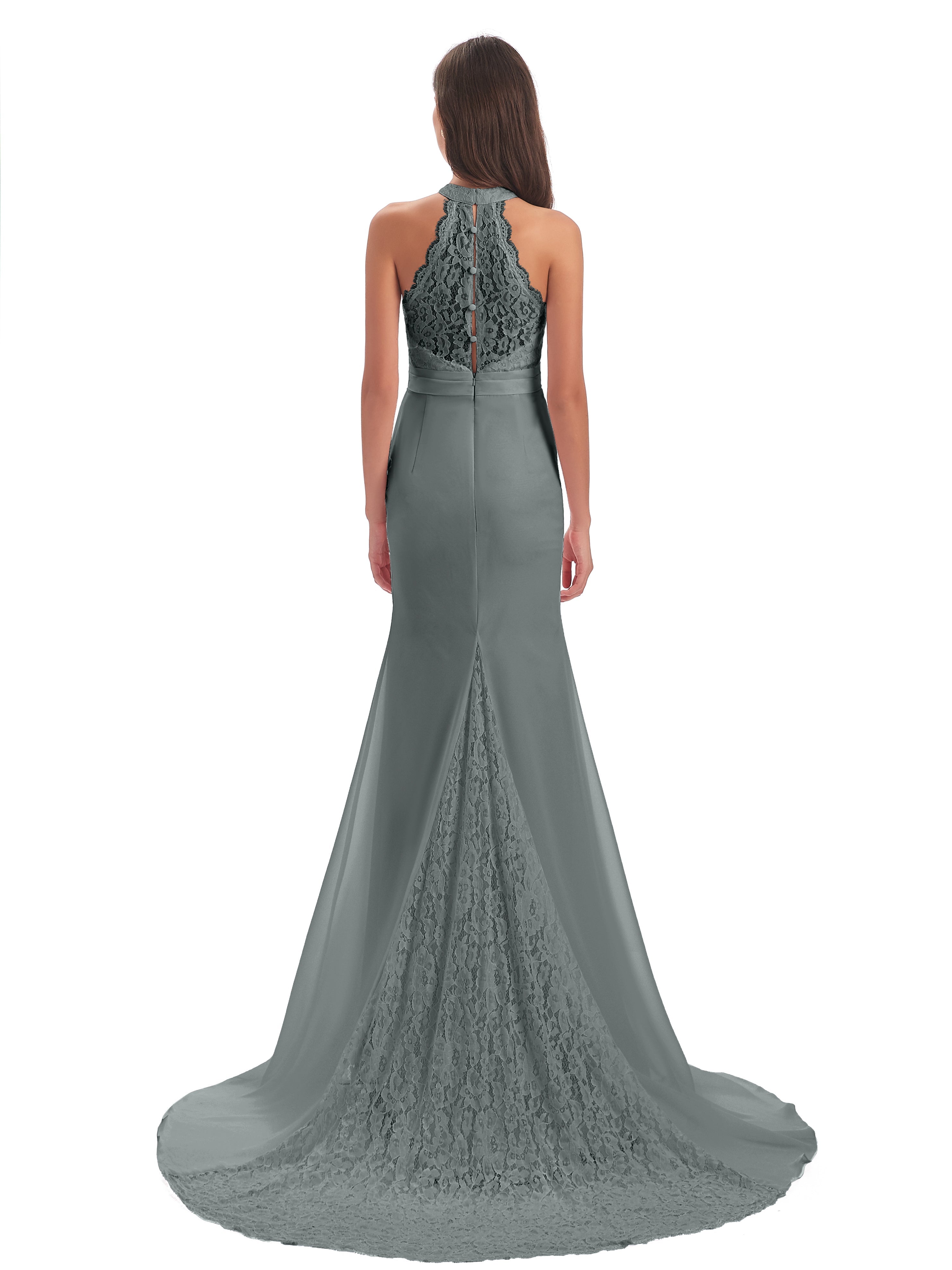 Robe De Demoiselle D Honneur Grise Dentelle/Mousseline Longue Robes Demoiselle D'Honneur