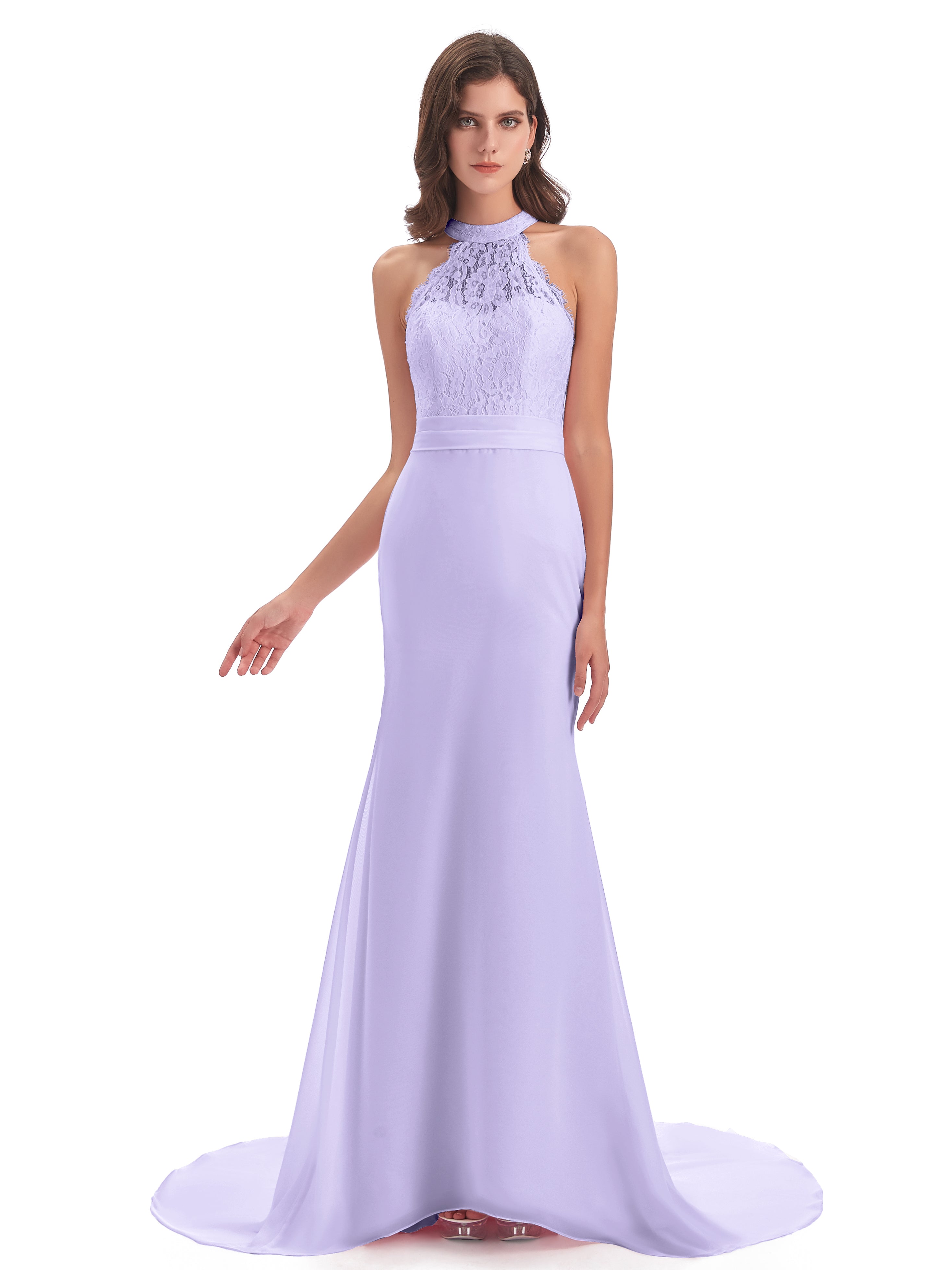 Robe Longue Lilas Demoiselle D Honneur Dentelle/Mousseline Longue Robes Demoiselle D'Honneur
