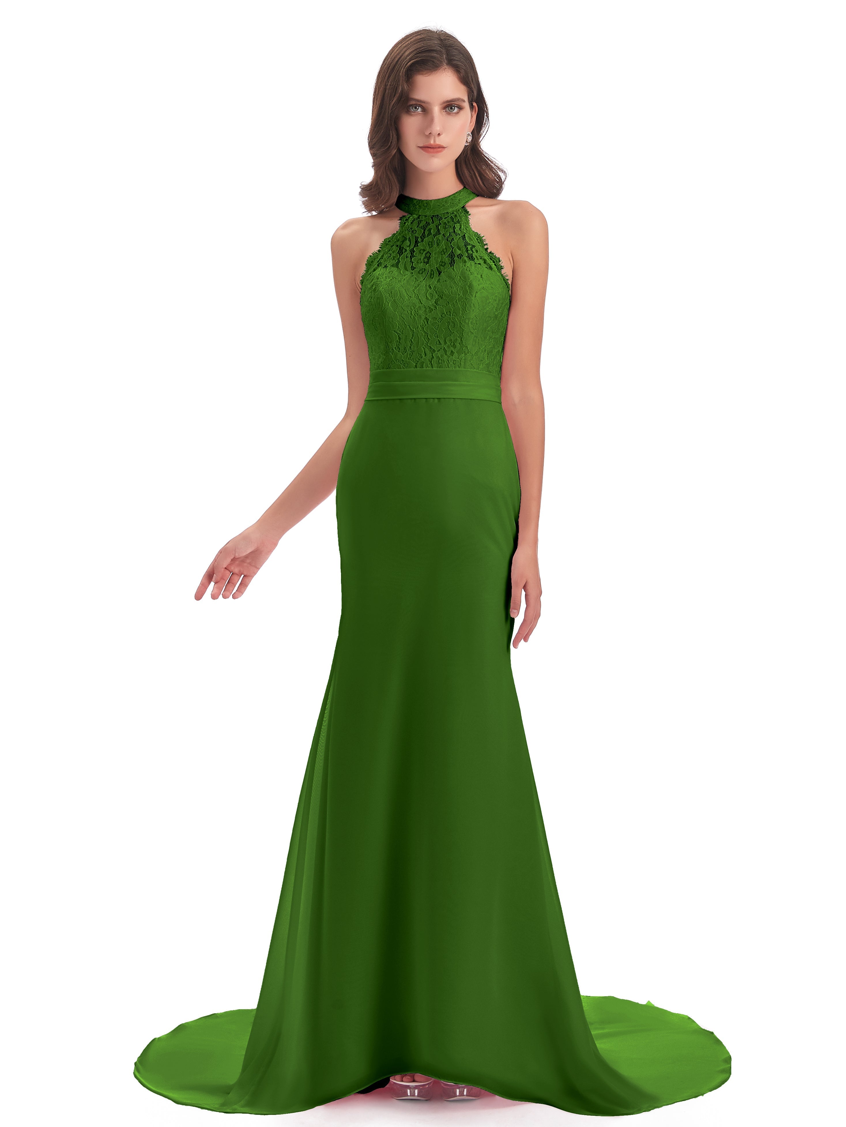Robes De Demoiselle D'Honneur Vert Mousse Dentelle/Mousseline Longue Robes Demoiselle D'Honneur