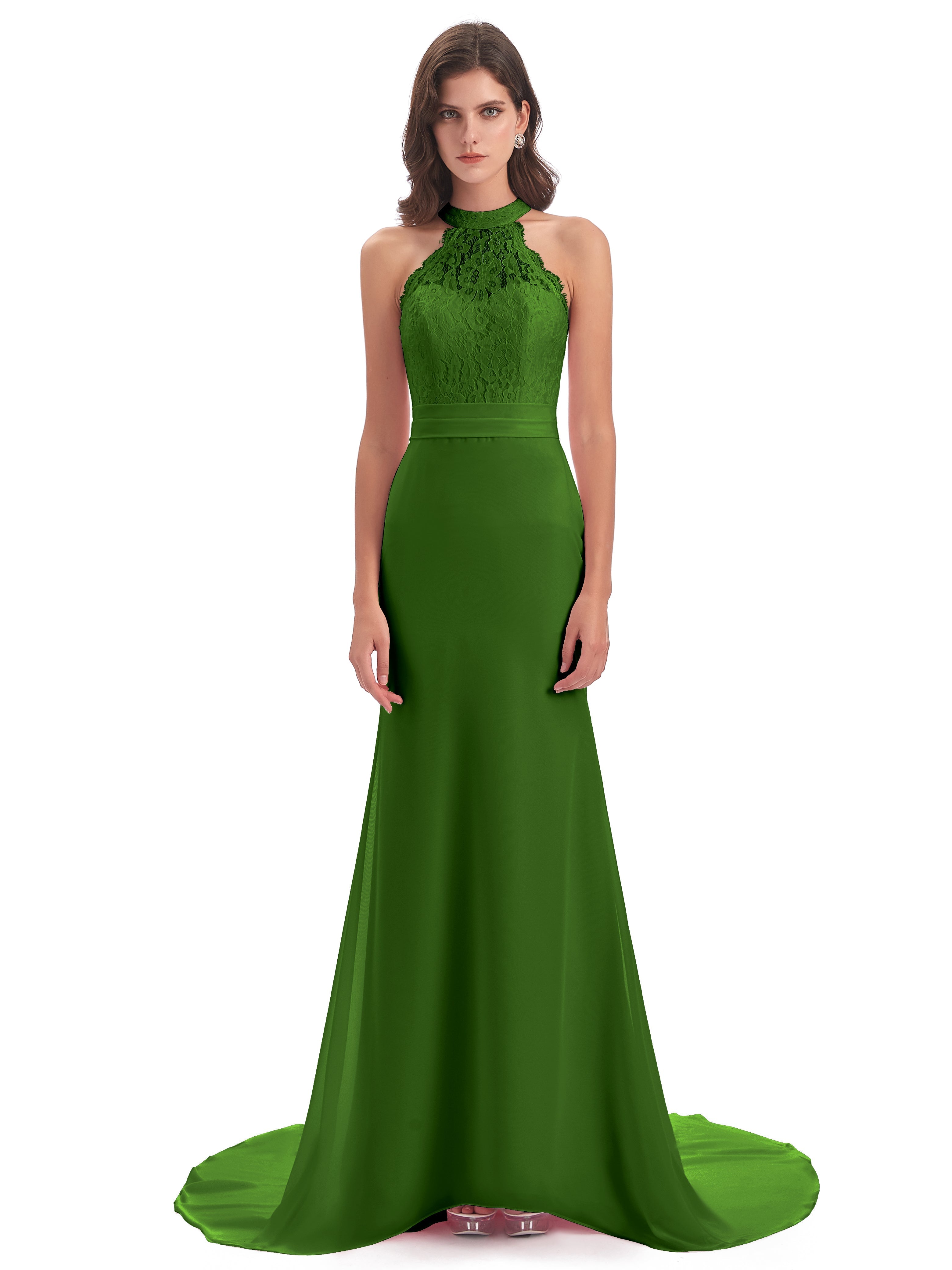 Robes De Demoiselle D'Honneur Vert Mousse Dentelle/Mousseline Longue Robes Demoiselle D'Honneur