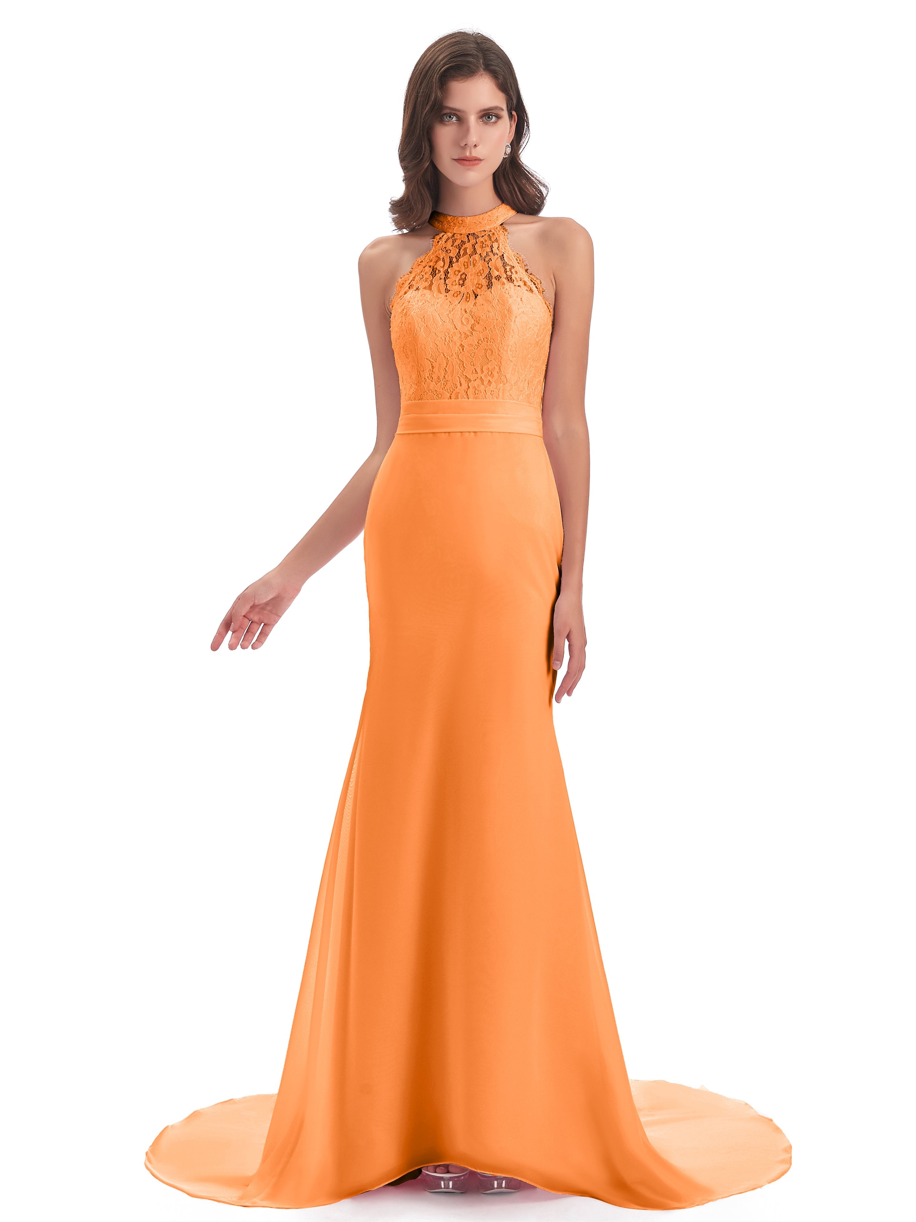 Demoiselle Dhonneur Robe Orange Dentelle/Mousseline Longue Robes Demoiselle D'Honneur