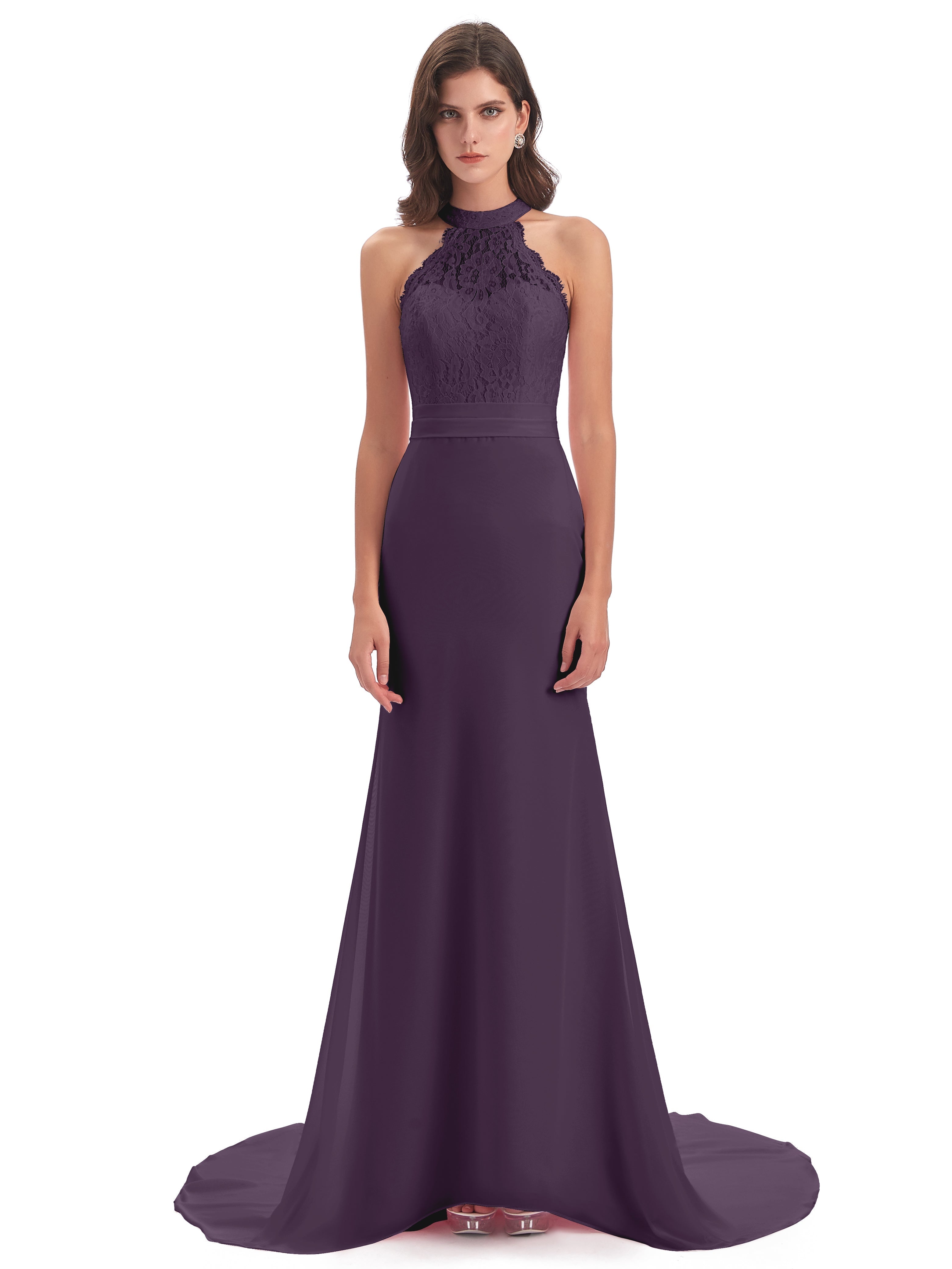 Robe Demoiselle D Honneur Plume Dentelle/Mousseline Longue Robes Demoiselle D'Honneur