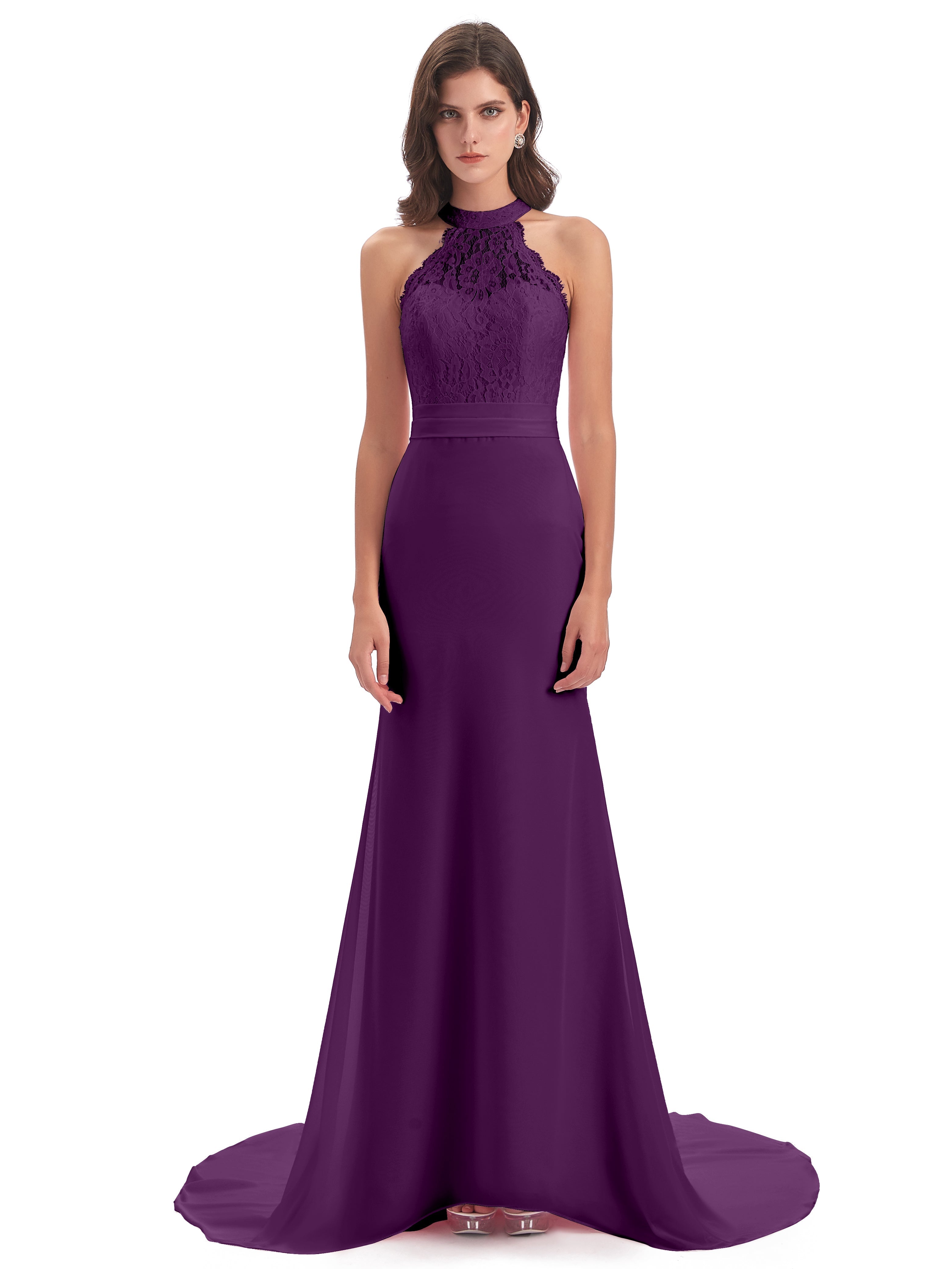 Robes De Demoiselle D'Honneur En Raisin Dentelle/Mousseline Longue Robes Demoiselle D'Honneur