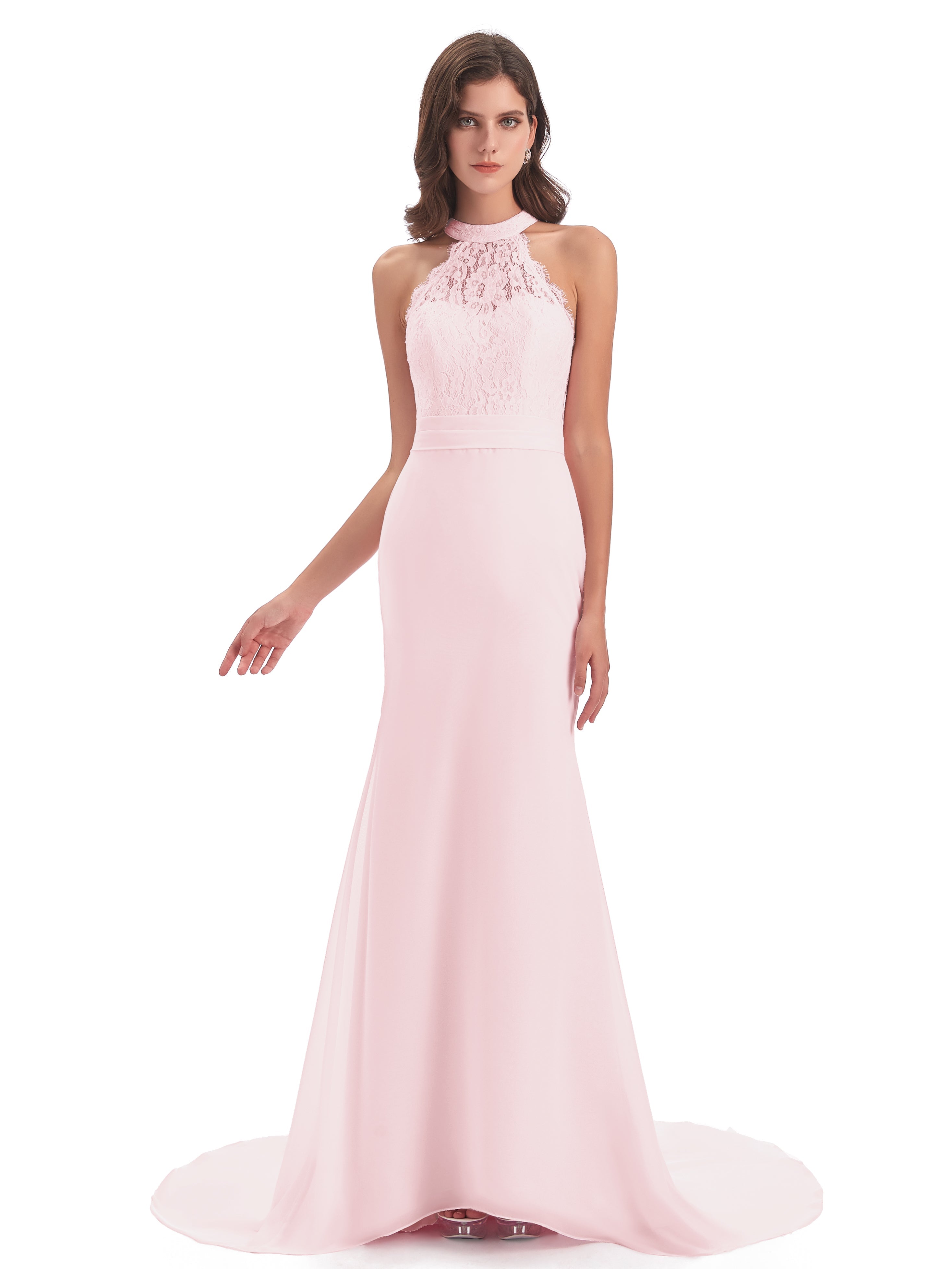 Robe Rose Pale Demoiselle D Honneur Dentelle/Mousseline Longue Robes Demoiselle D'Honneur
