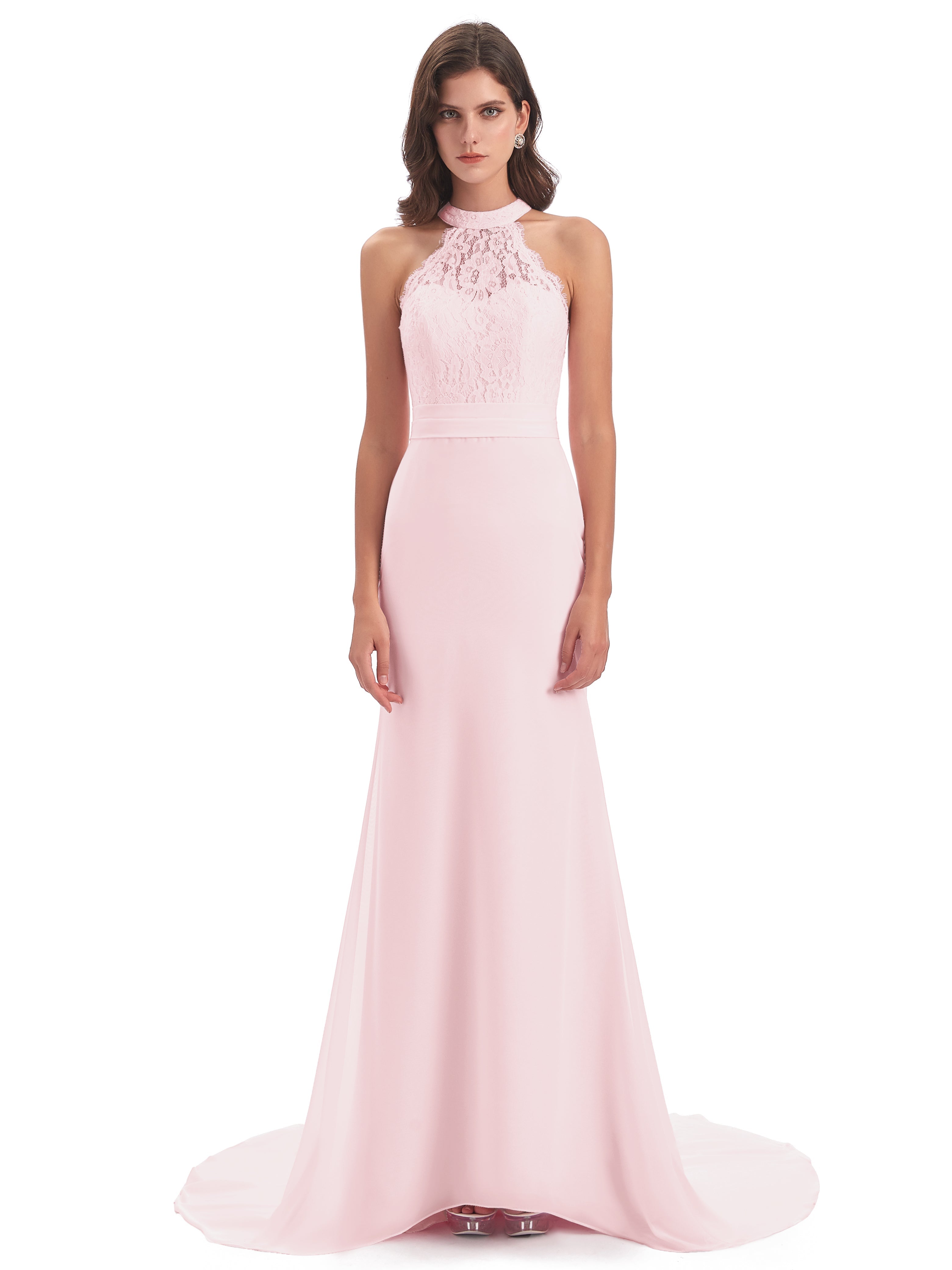 Robe Rose Pale Demoiselle D Honneur Dentelle/Mousseline Longue Robes Demoiselle D'Honneur