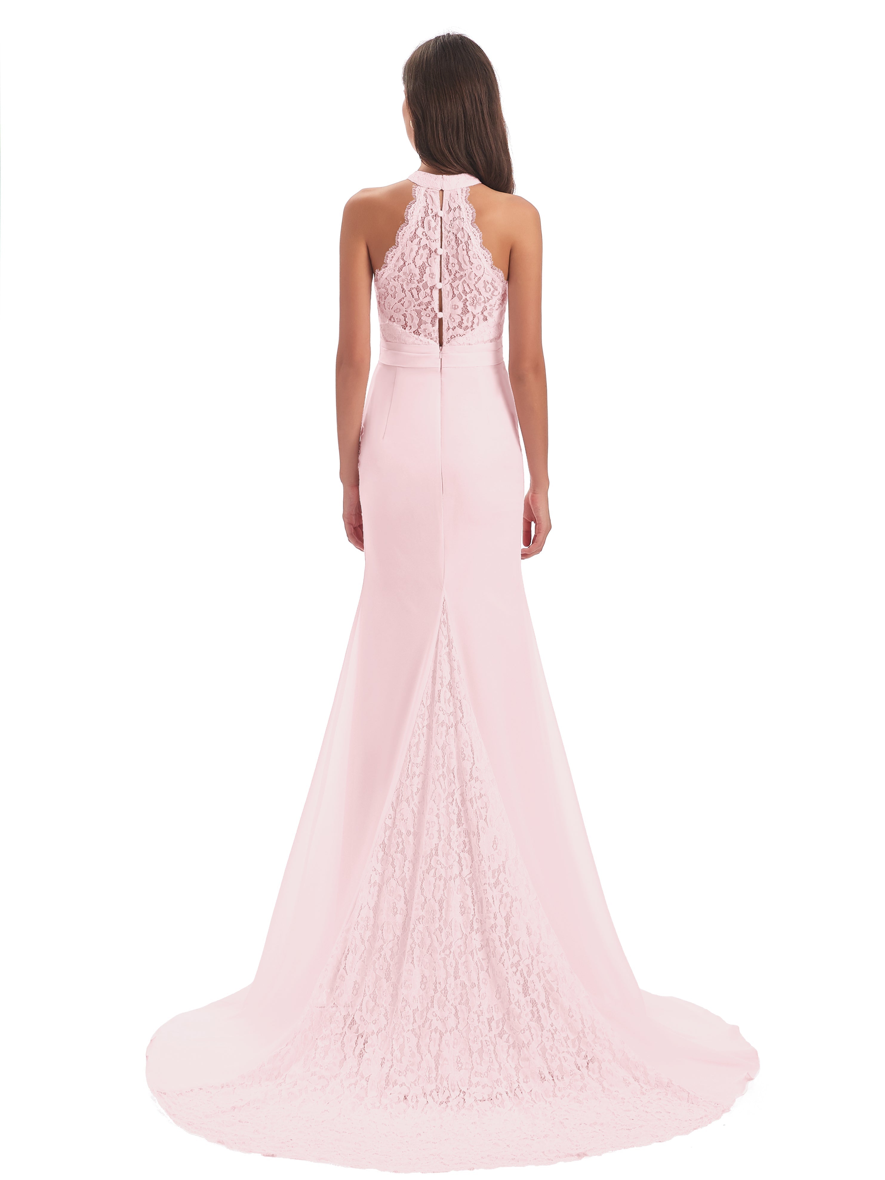 Robe Rose Pale Demoiselle D Honneur Dentelle/Mousseline Longue Robes Demoiselle D'Honneur