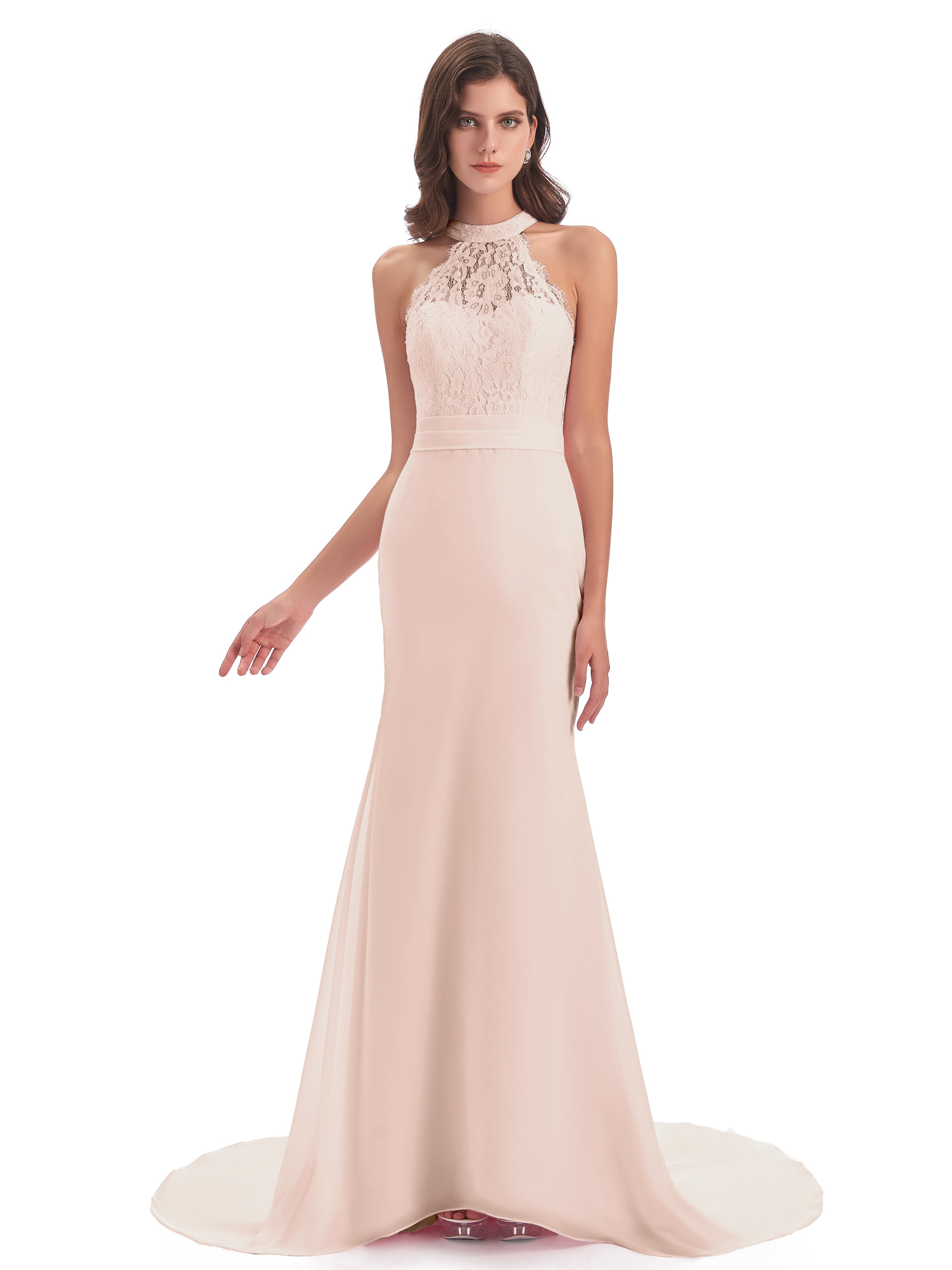 Robe Demoiselle D Honneur Rose Perle Dentelle/Mousseline Longue Robes Demoiselle D'Honneur