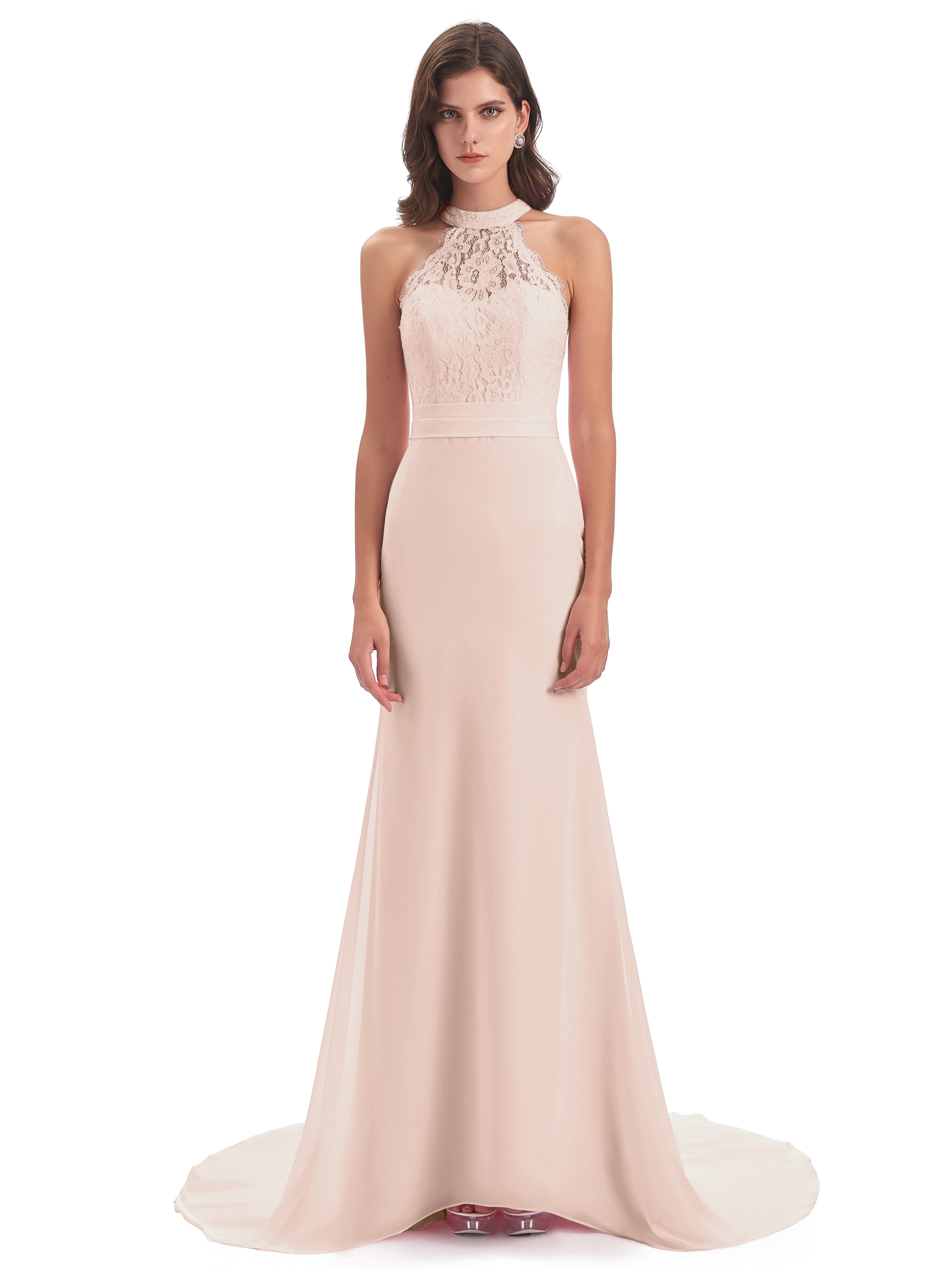 Robe Demoiselle D Honneur Rose Perle Dentelle/Mousseline Longue Robes Demoiselle D'Honneur