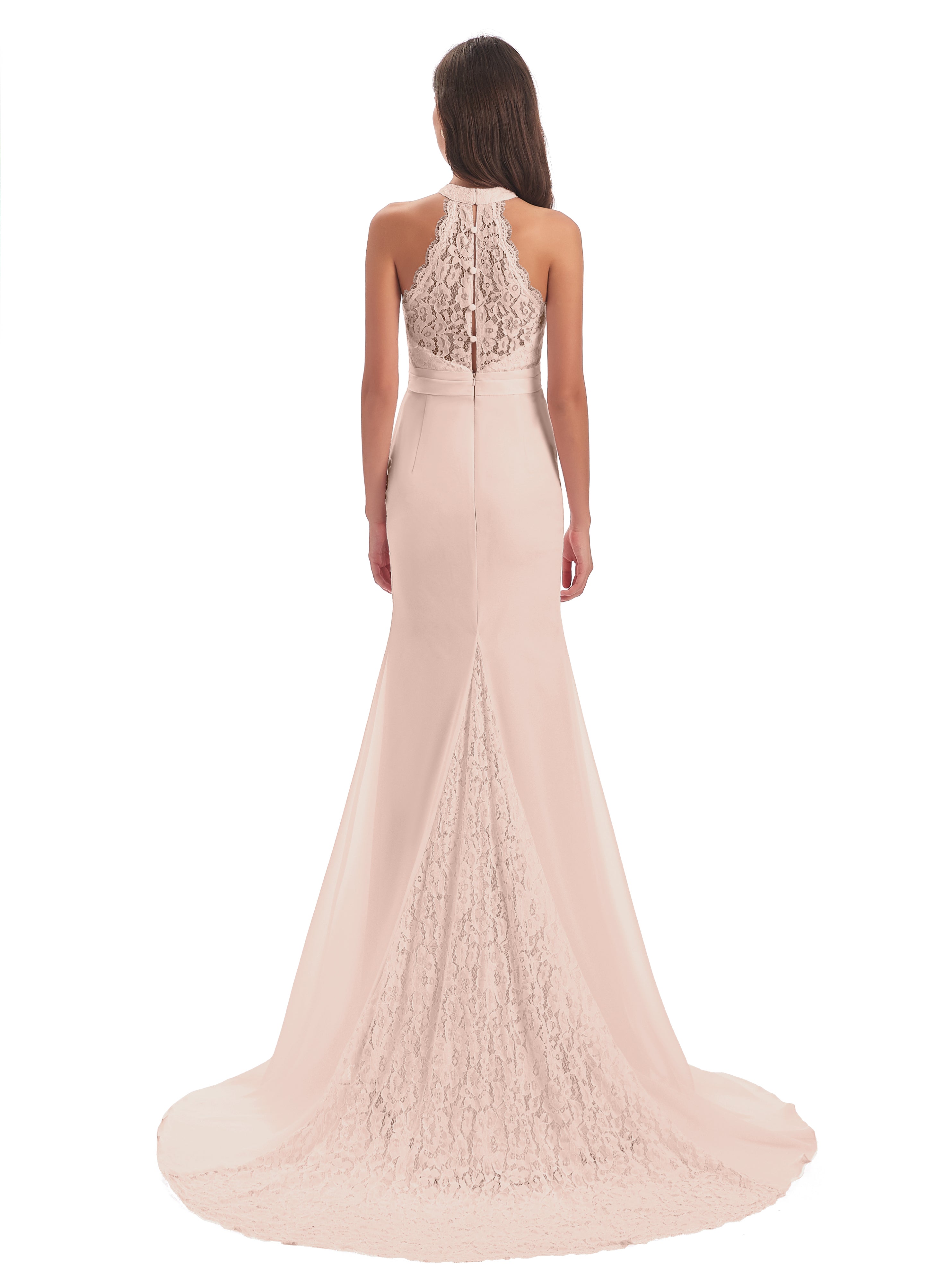 Robe Demoiselle D Honneur Rose Perle Dentelle/Mousseline Longue Robes Demoiselle D'Honneur