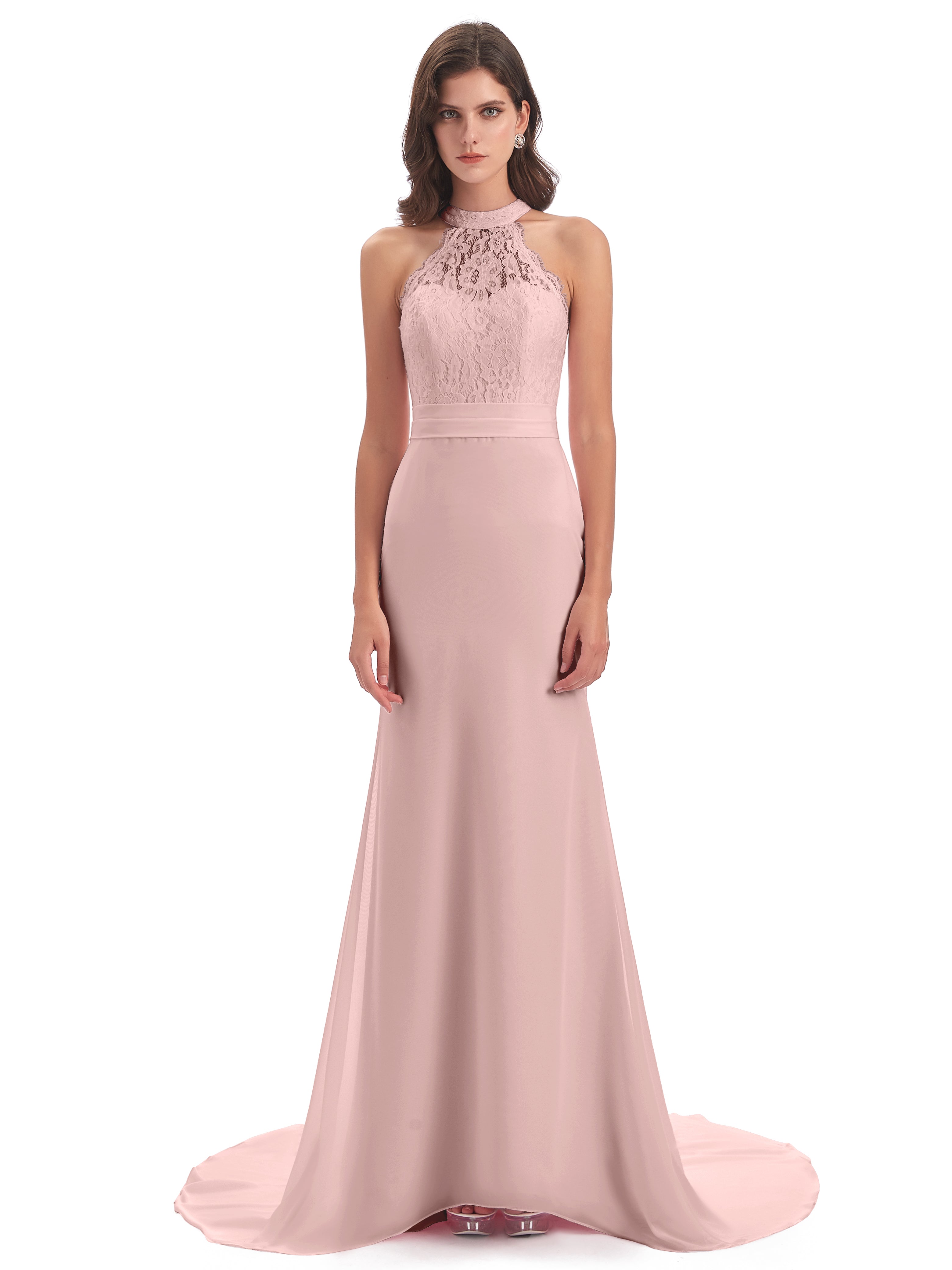 Demoiselle D Honneur Rose Poudré Dentelle/Mousseline Longue Robes Demoiselle D'Honneur