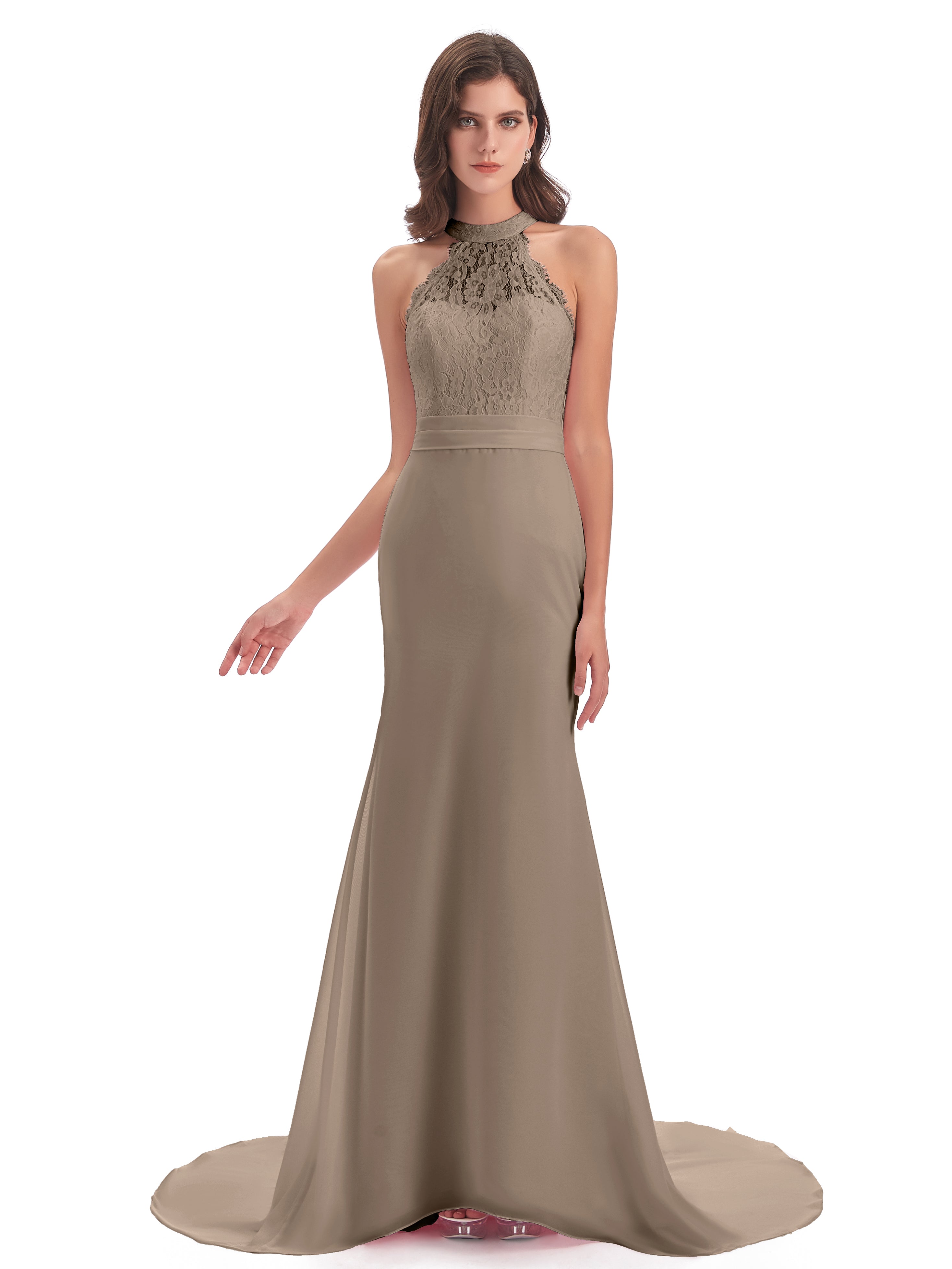 Robe Ceremonie Taupe Dentelle/Mousseline Longue Robes Demoiselle D'Honneur