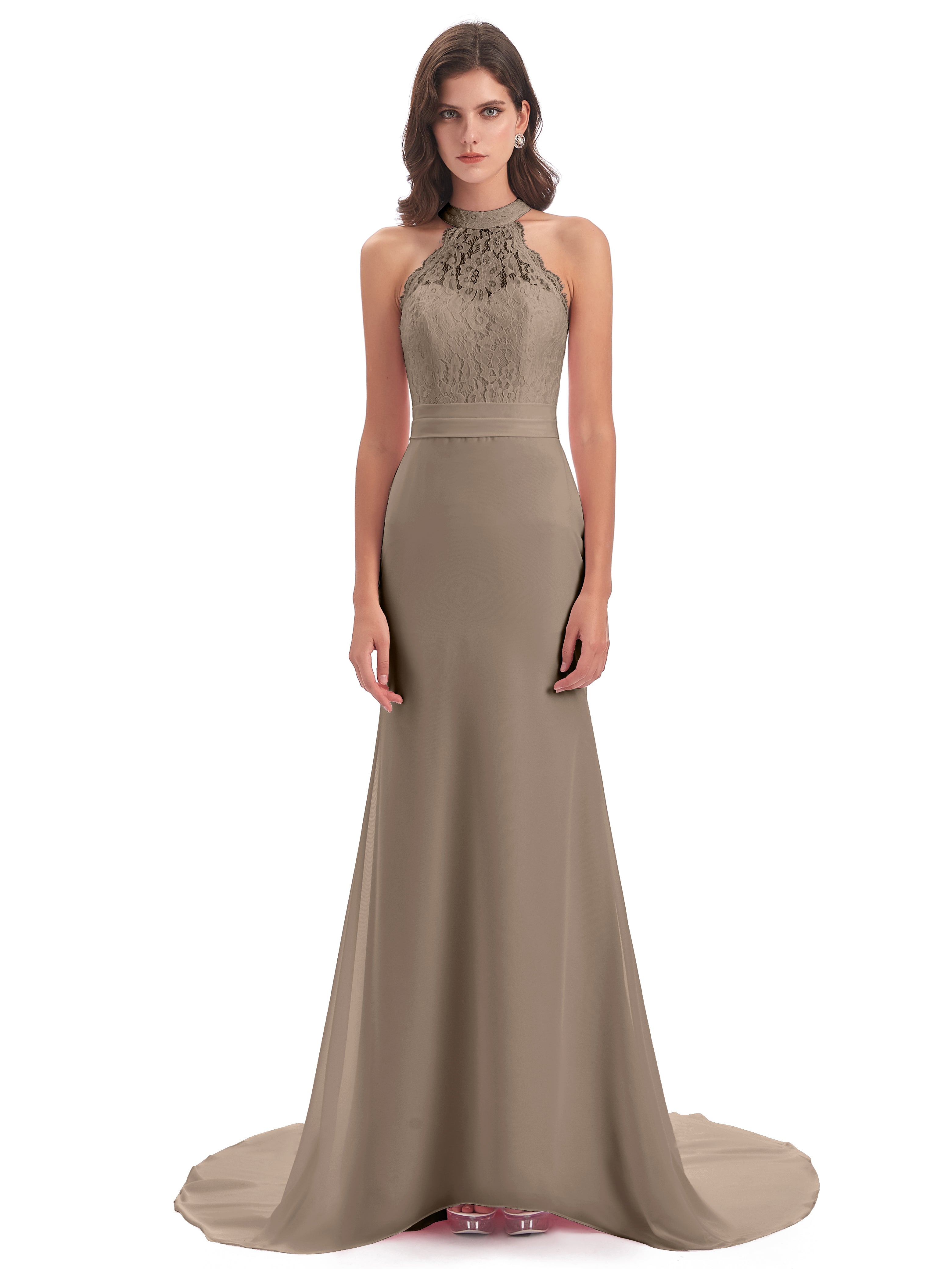 Robe Ceremonie Taupe Dentelle/Mousseline Longue Robes Demoiselle D'Honneur