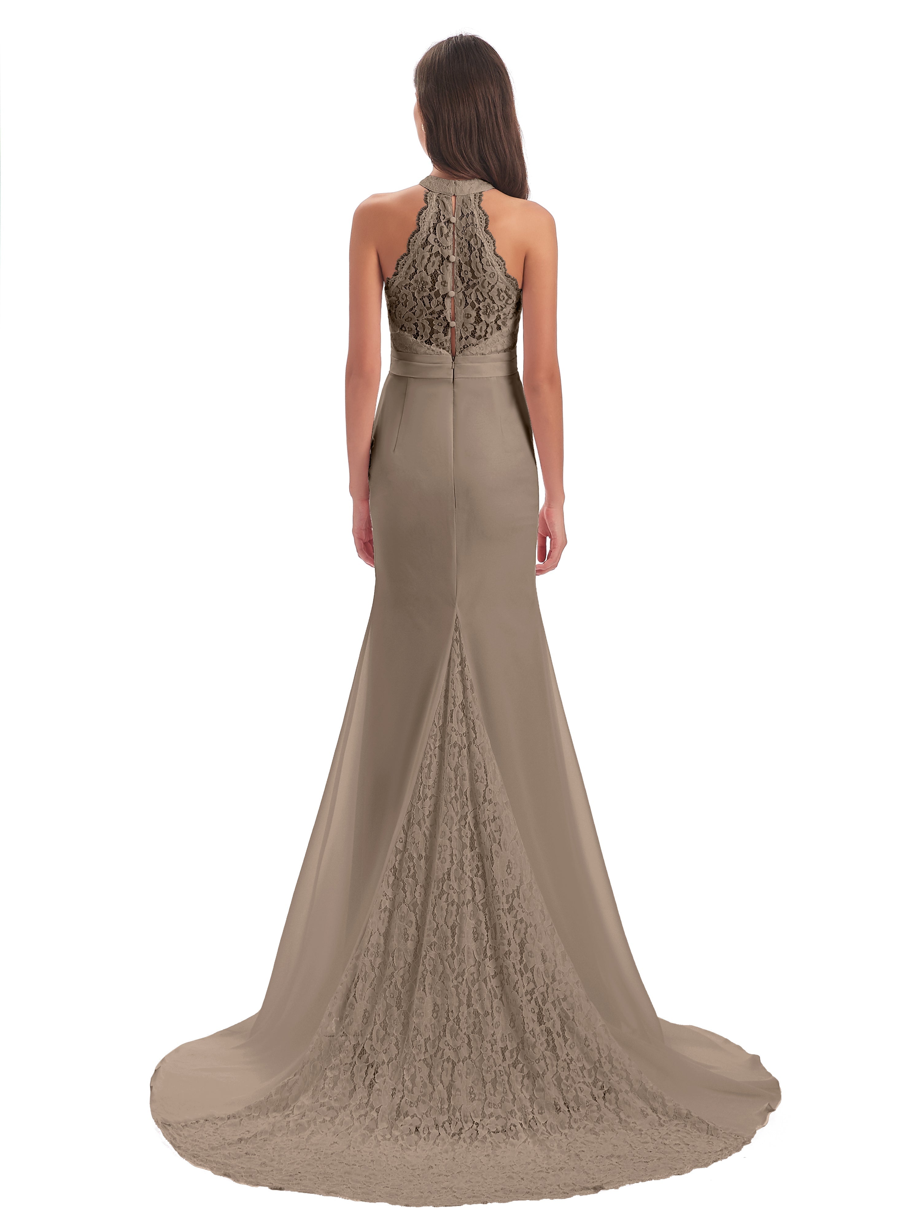 Robe Ceremonie Taupe Dentelle/Mousseline Longue Robes Demoiselle D'Honneur