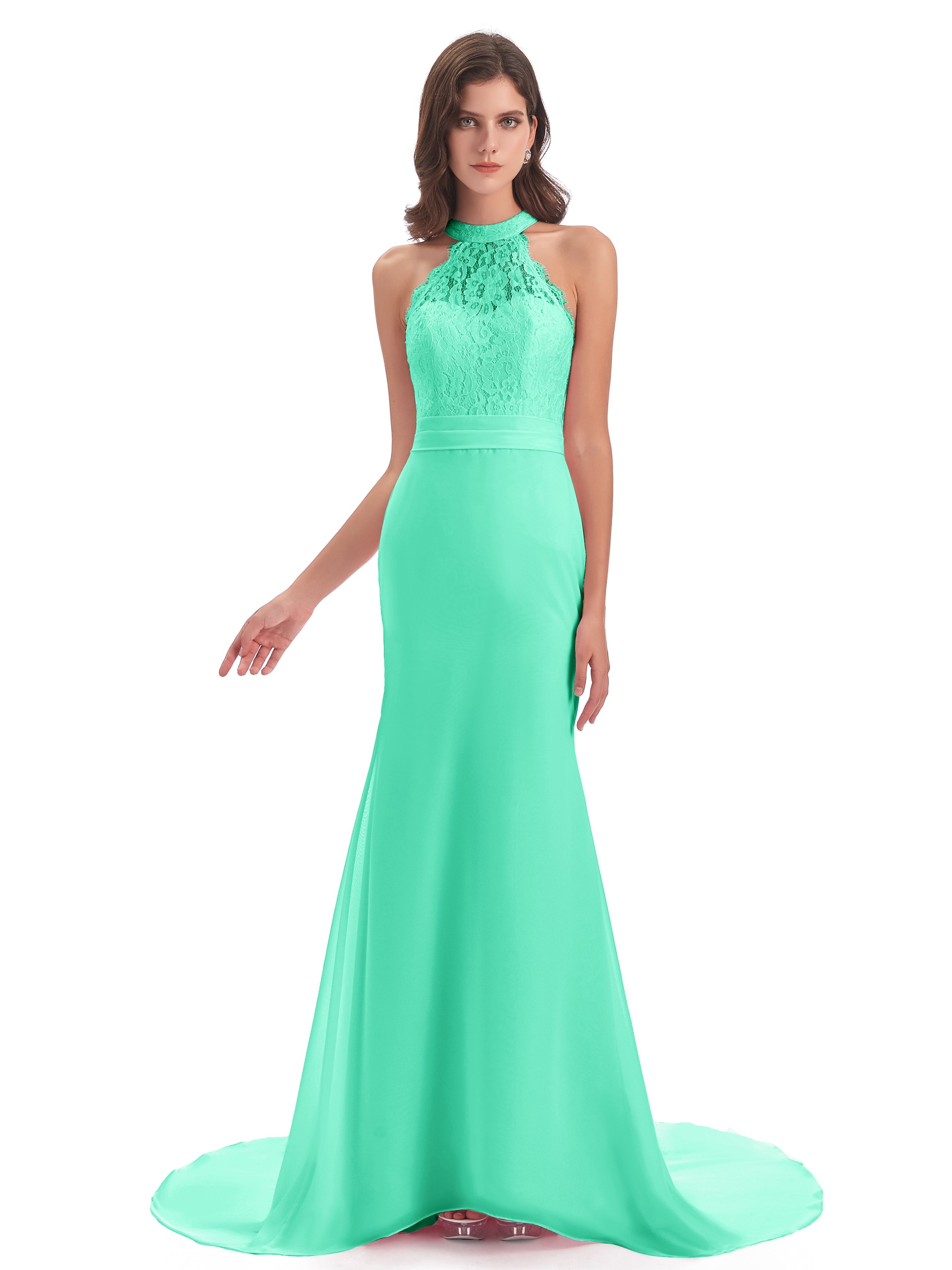Robe Turquoise Demoiselle D Honneur Dentelle/Mousseline Longue Robes Demoiselle D'Honneur