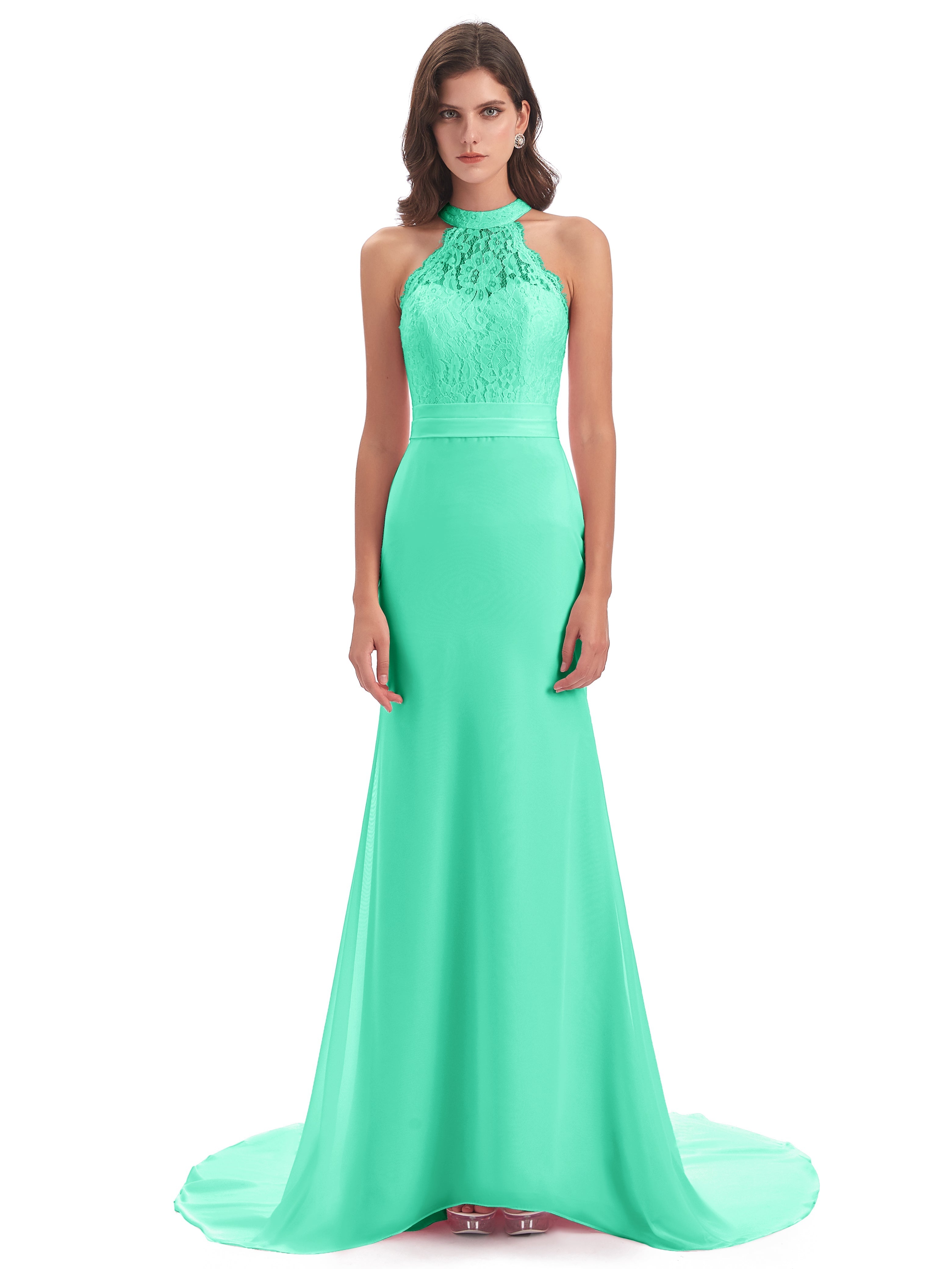 Robe Turquoise Demoiselle D Honneur Dentelle/Mousseline Longue Robes Demoiselle D'Honneur