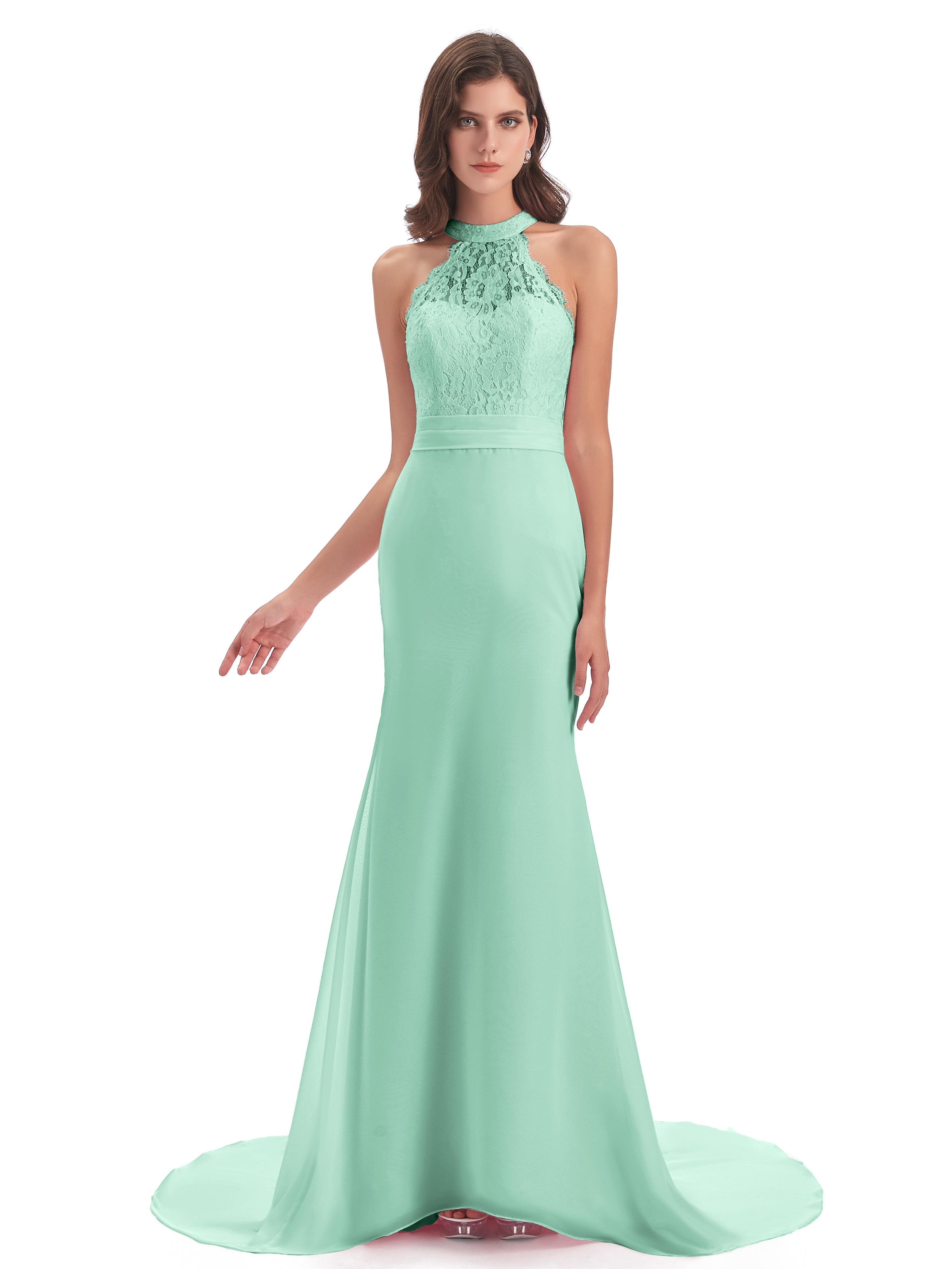 Robe Demoiselle D Honneur Menthe Dentelle/Mousseline Longue Robes Demoiselle D'Honneur