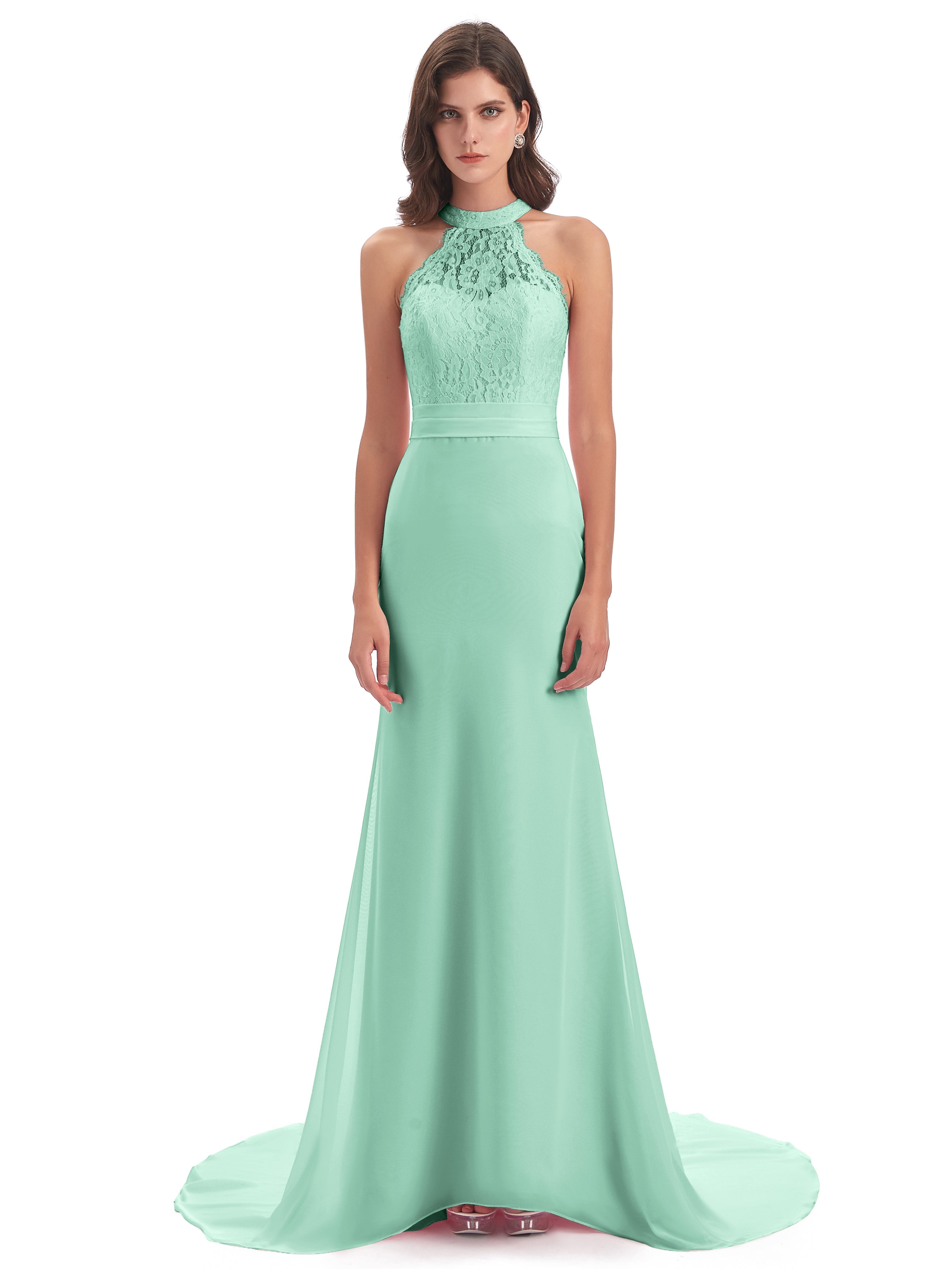 Robe Demoiselle D Honneur Menthe Dentelle/Mousseline Longue Robes Demoiselle D'Honneur