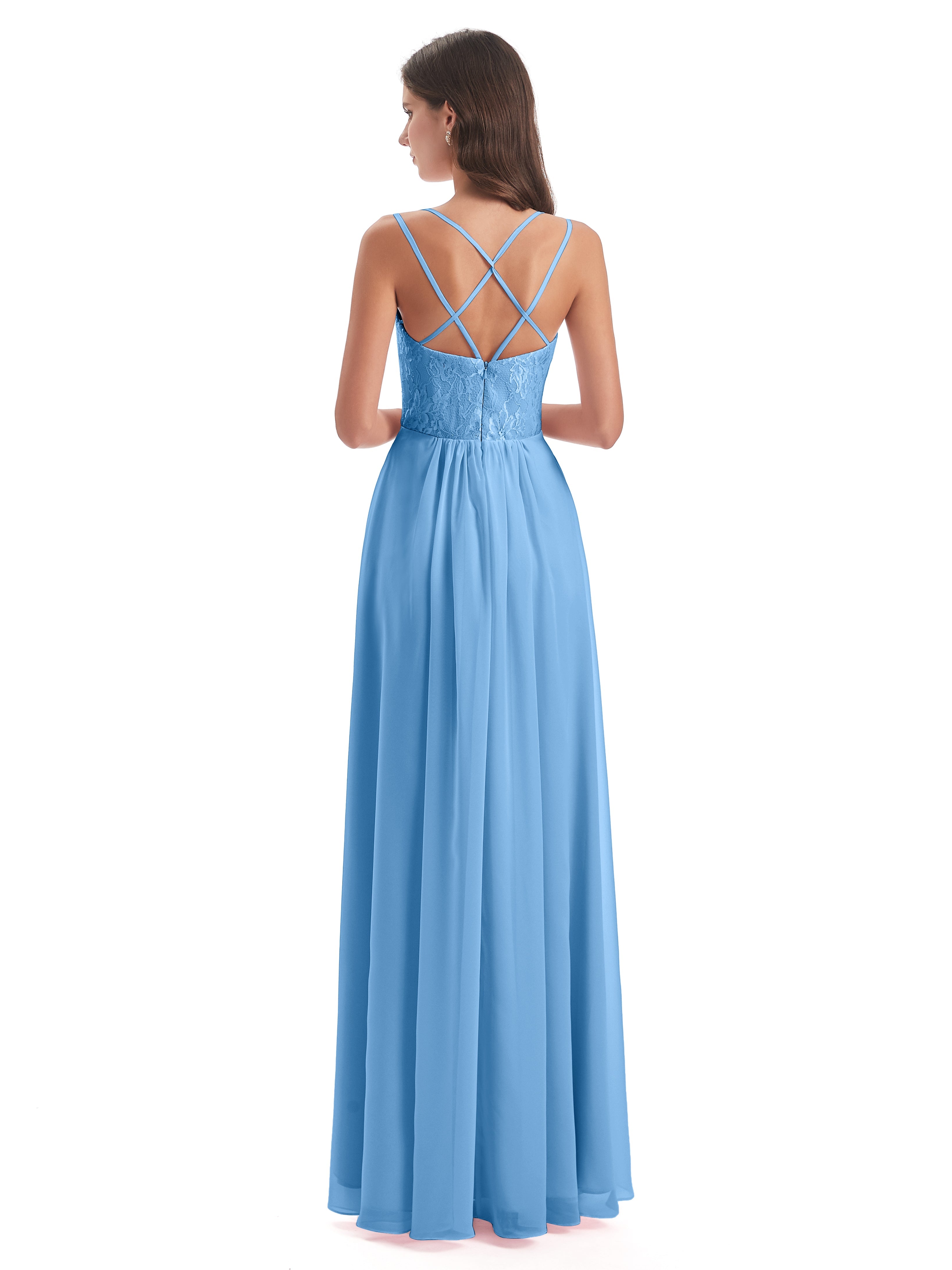 Robes De Demoiselle D'Honneur Bleues Longues Trapèze Bretelles Spaghetti Fendue Robes Demoiselle D'Honneur