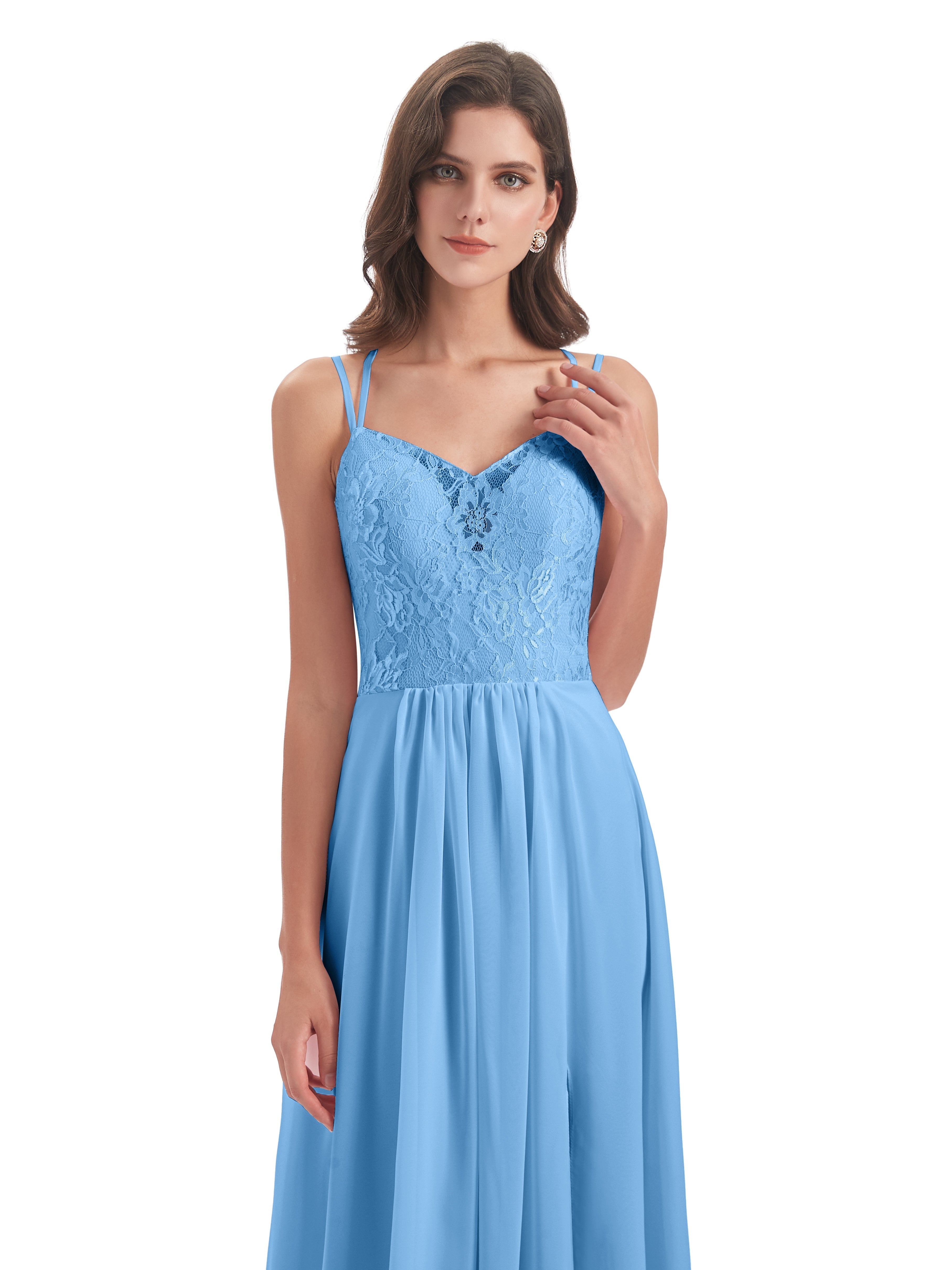 Robes De Demoiselle D'Honneur Bleues Longues Trapèze Bretelles Spaghetti Fendue Robes Demoiselle D'Honneur