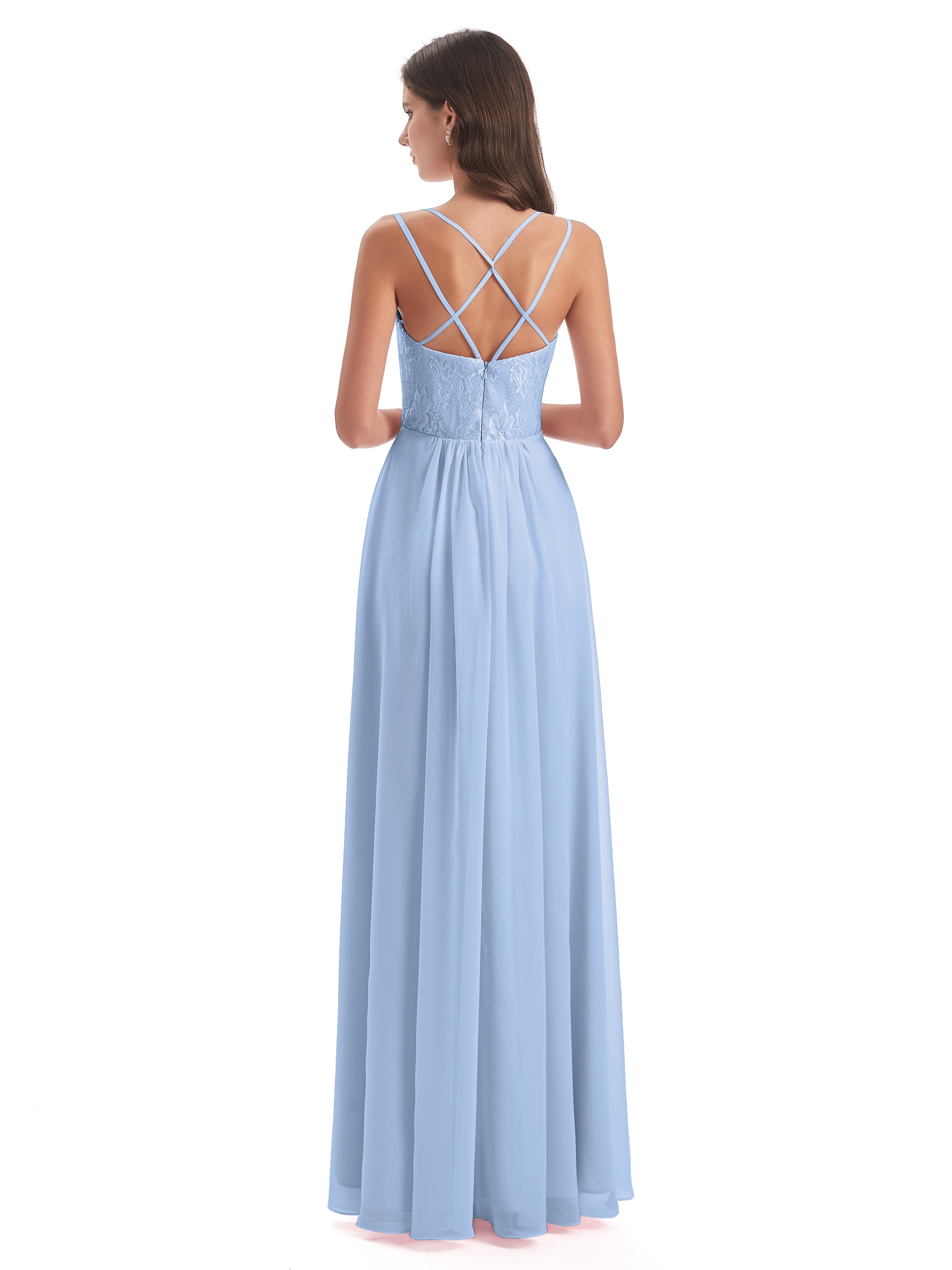 Robe Bleu Ciel Demoiselle D Honneur Trapèze Bretelles Spaghetti Fendue Robes Demoiselle D'Honneur