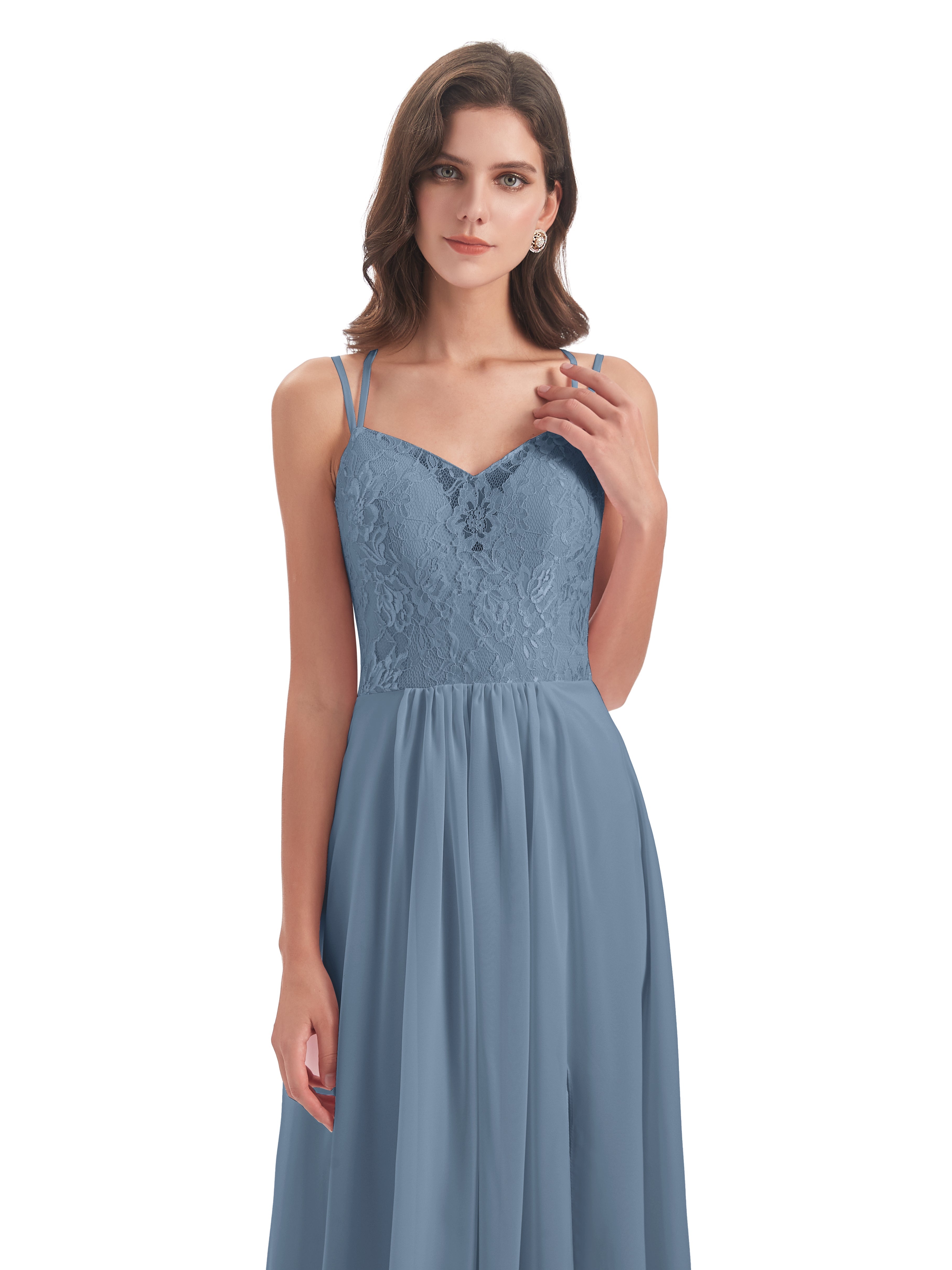 Robes De Demoiselle D'Honneur Bleu De Schiste Trapèze Bretelles Spaghetti Fendue Robes Demoiselle D'Honneur
