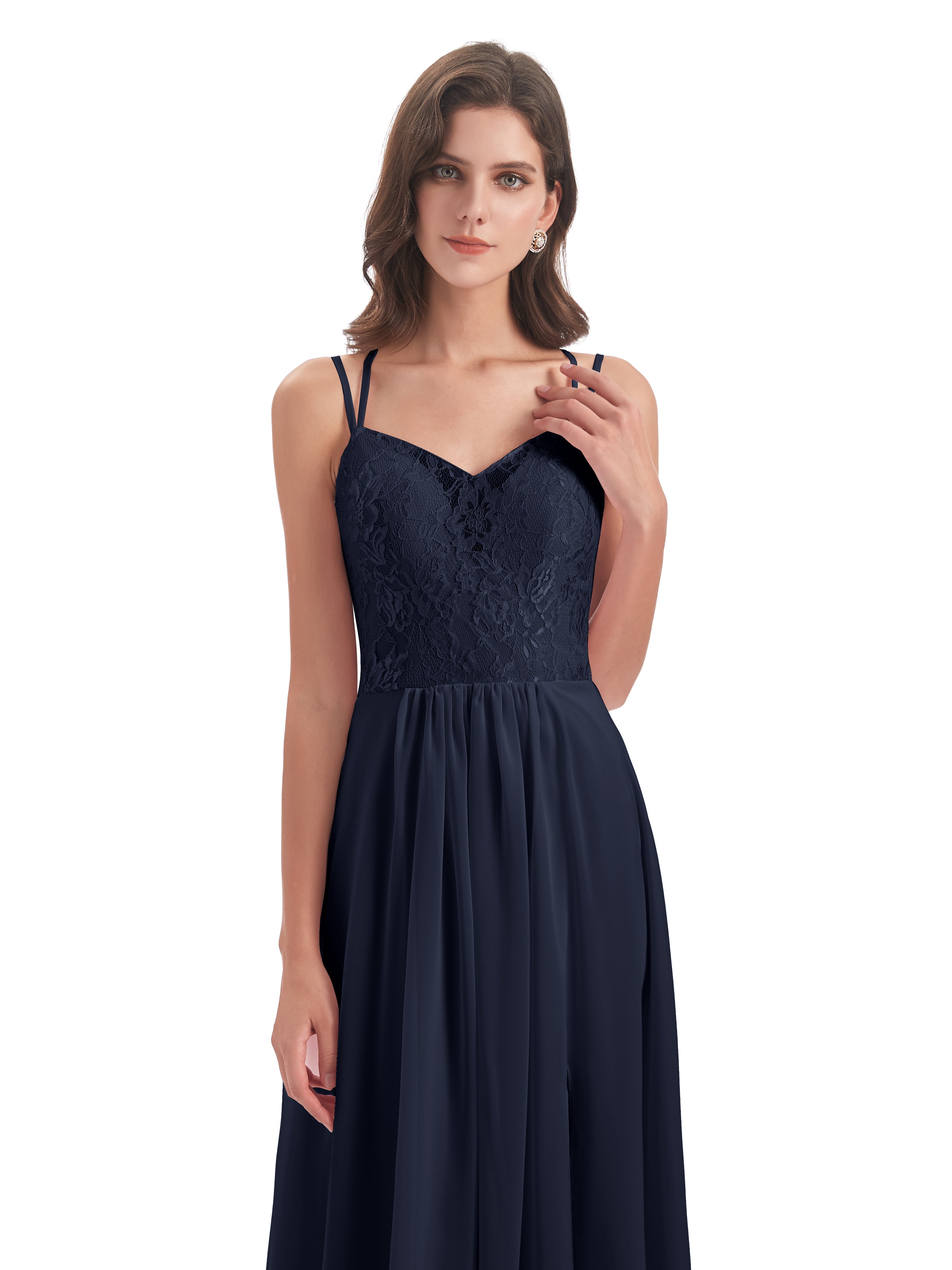 Robes De Demoiselle D'Honneur Bleu Marine Modestes Trapèze Bretelles Spaghetti Fendue Robes Demoiselle D'Honneur