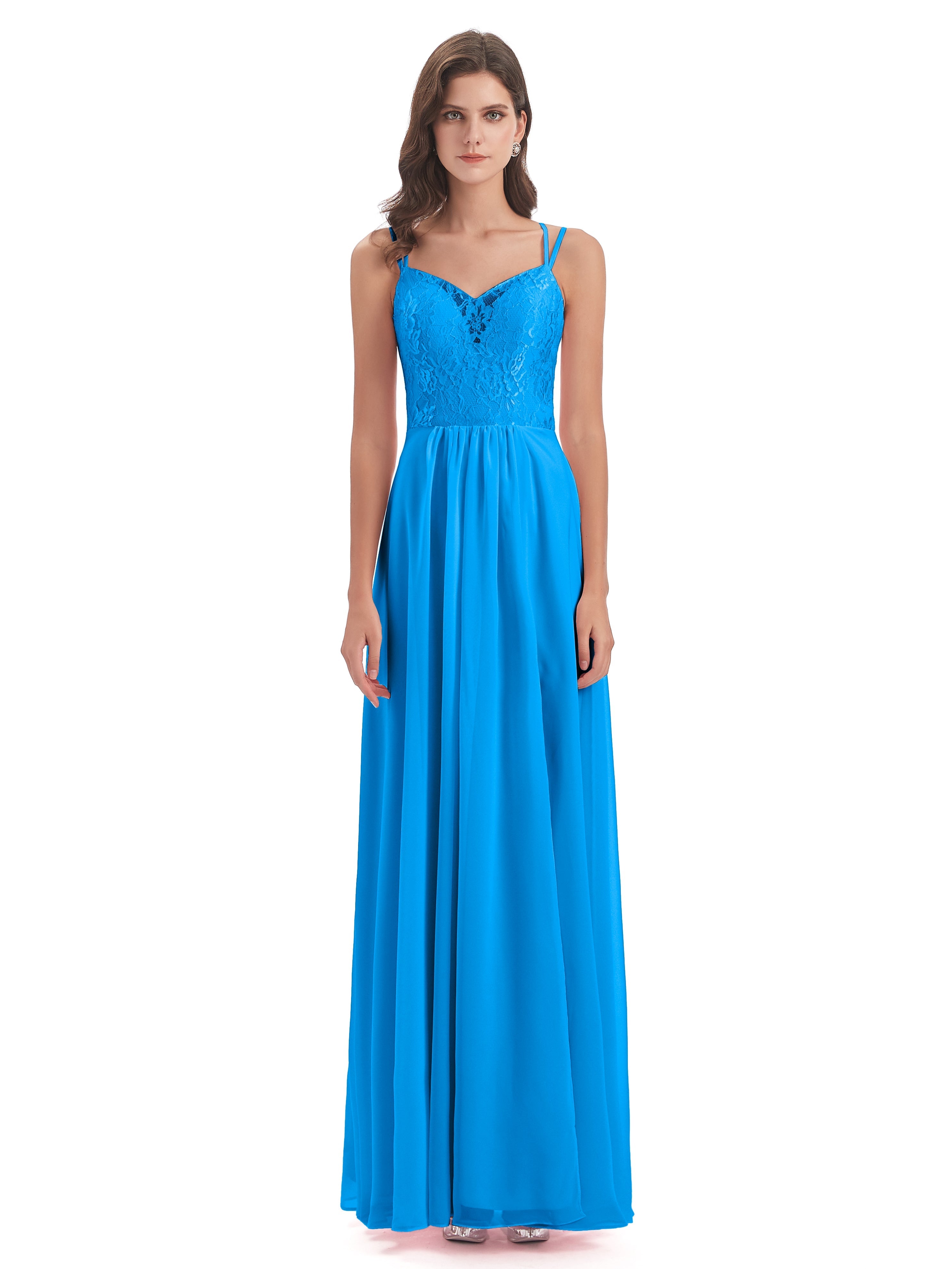 Robes De Demoiselle D'Honneur Bleu Océan Trapèze Bretelles Spaghetti Fendue Robes Demoiselle D'Honneur