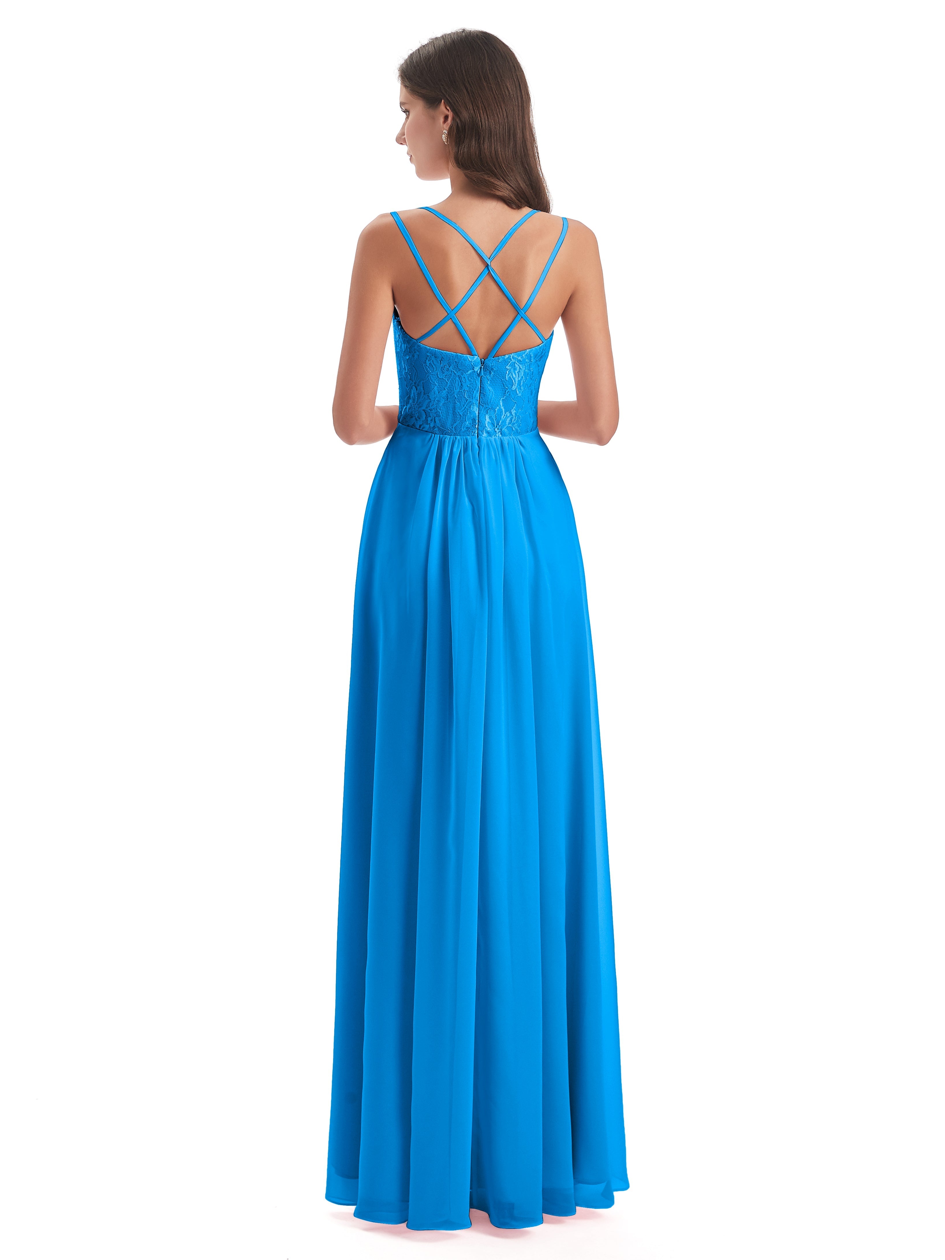 Robes De Demoiselle D'Honneur Bleu Océan Trapèze Bretelles Spaghetti Fendue Robes Demoiselle D'Honneur