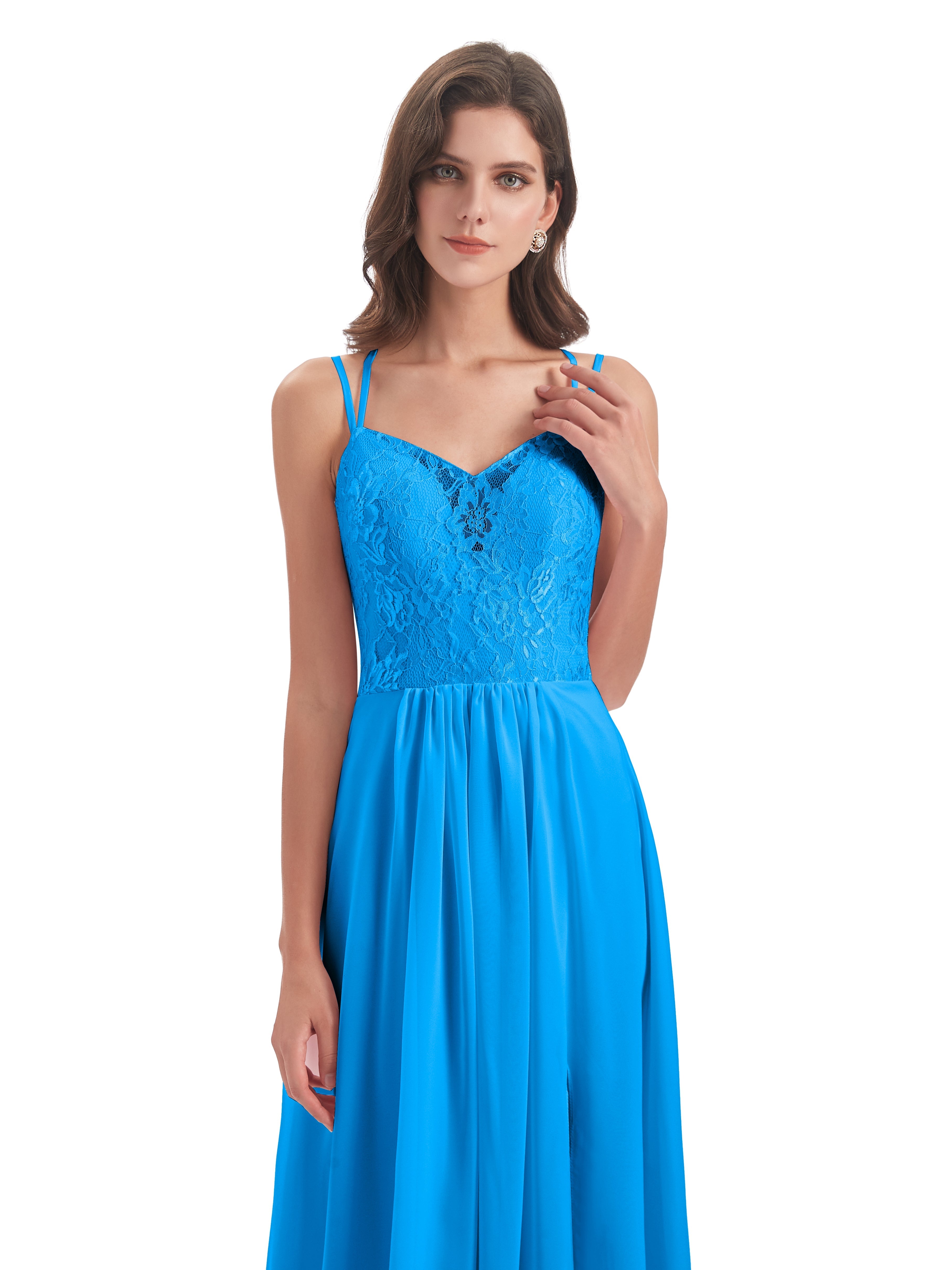 Robes De Demoiselle D'Honneur Bleu Océan Trapèze Bretelles Spaghetti Fendue Robes Demoiselle D'Honneur