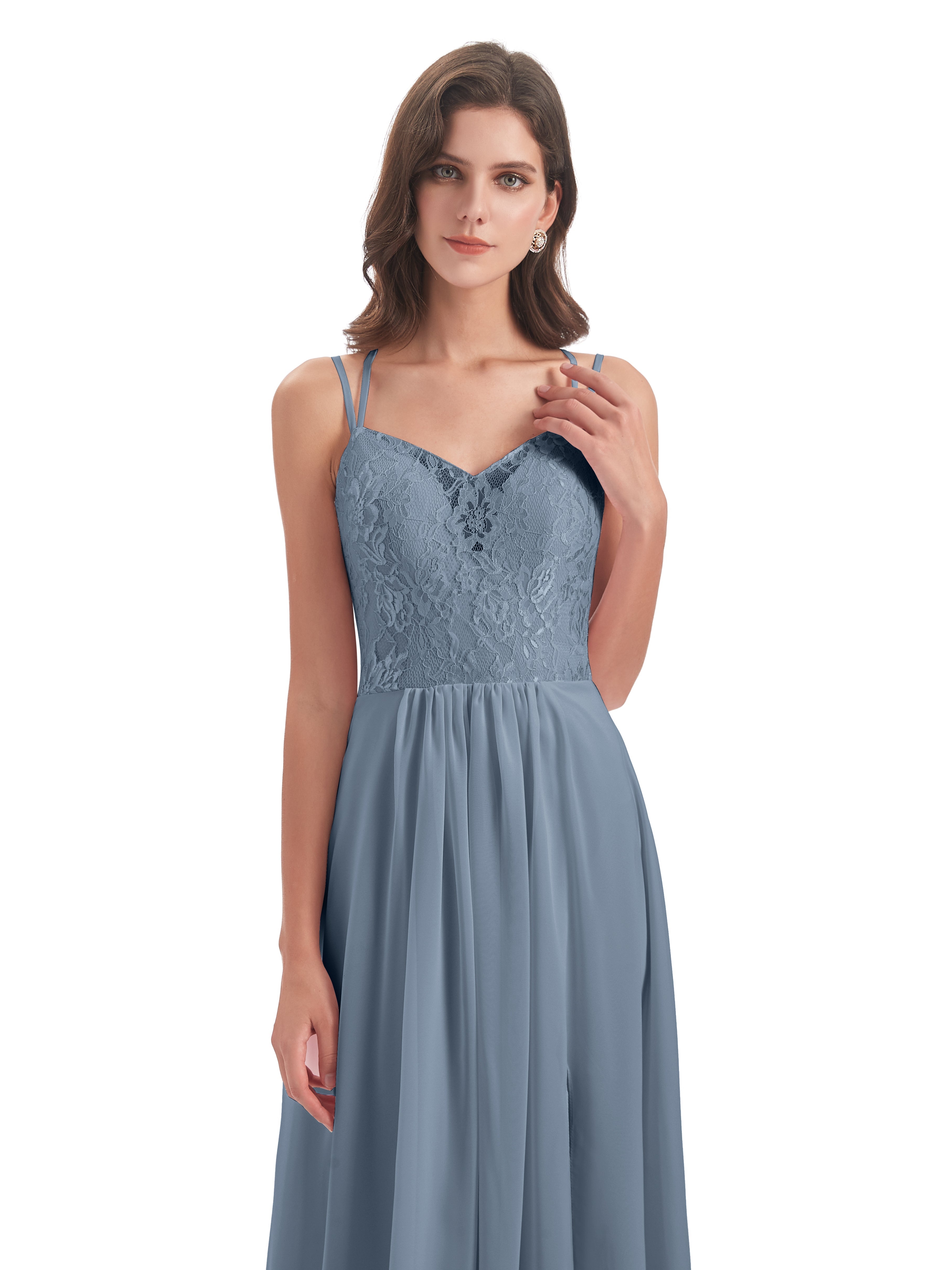 Robes De Demoiselle D'Honneur Bleu Poussiéreux Trapèze Bretelles Spaghetti Fendue Robes Demoiselle D'Honneur