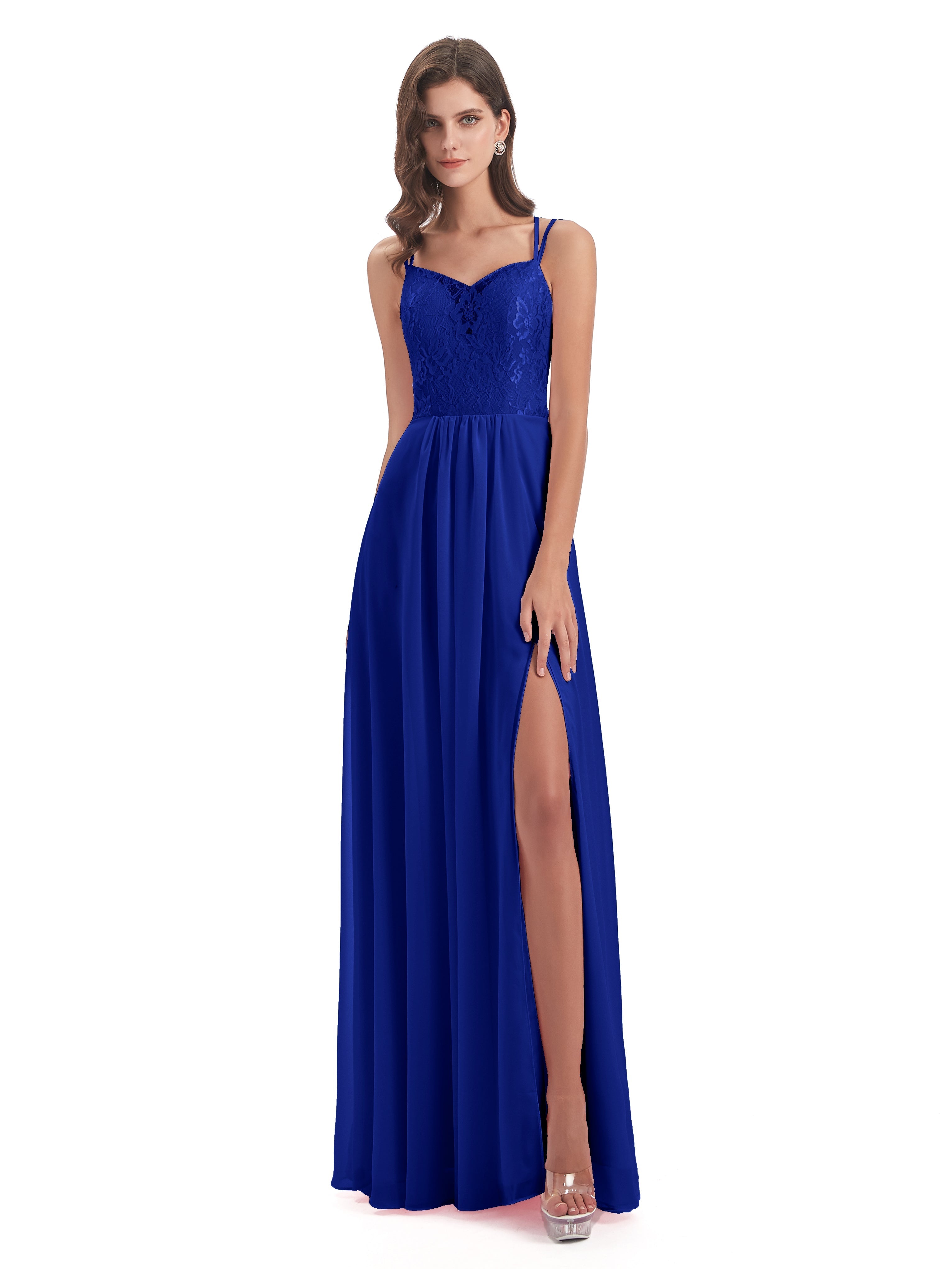 Demoiselle Dhonneur Robe Longue Bleu Roi Trapèze Bretelles Spaghetti Fendue Robes Demoiselle D'Honneur