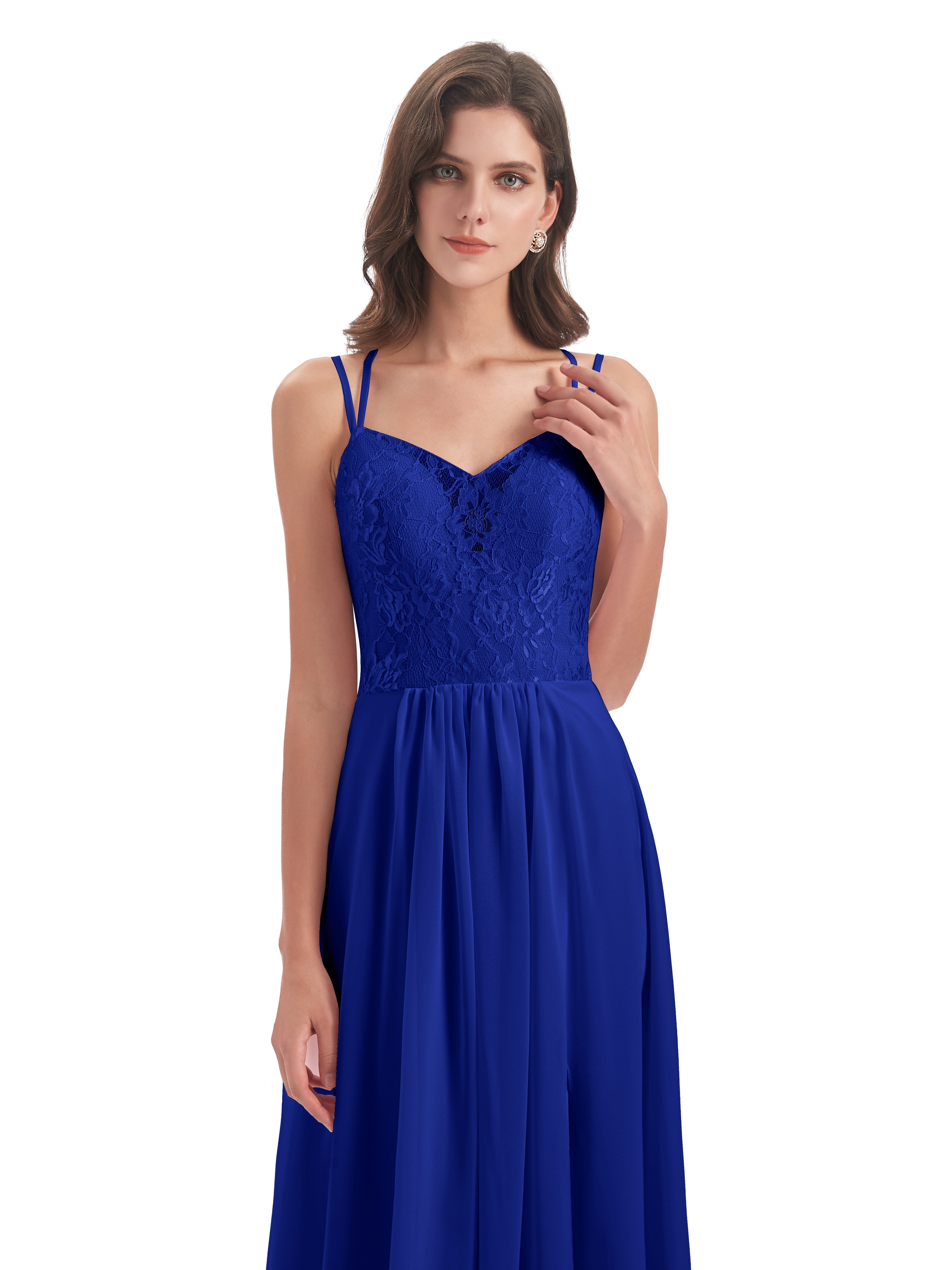 Demoiselle Dhonneur Robe Longue Bleu Roi Trapèze Bretelles Spaghetti Fendue Robes Demoiselle D'Honneur