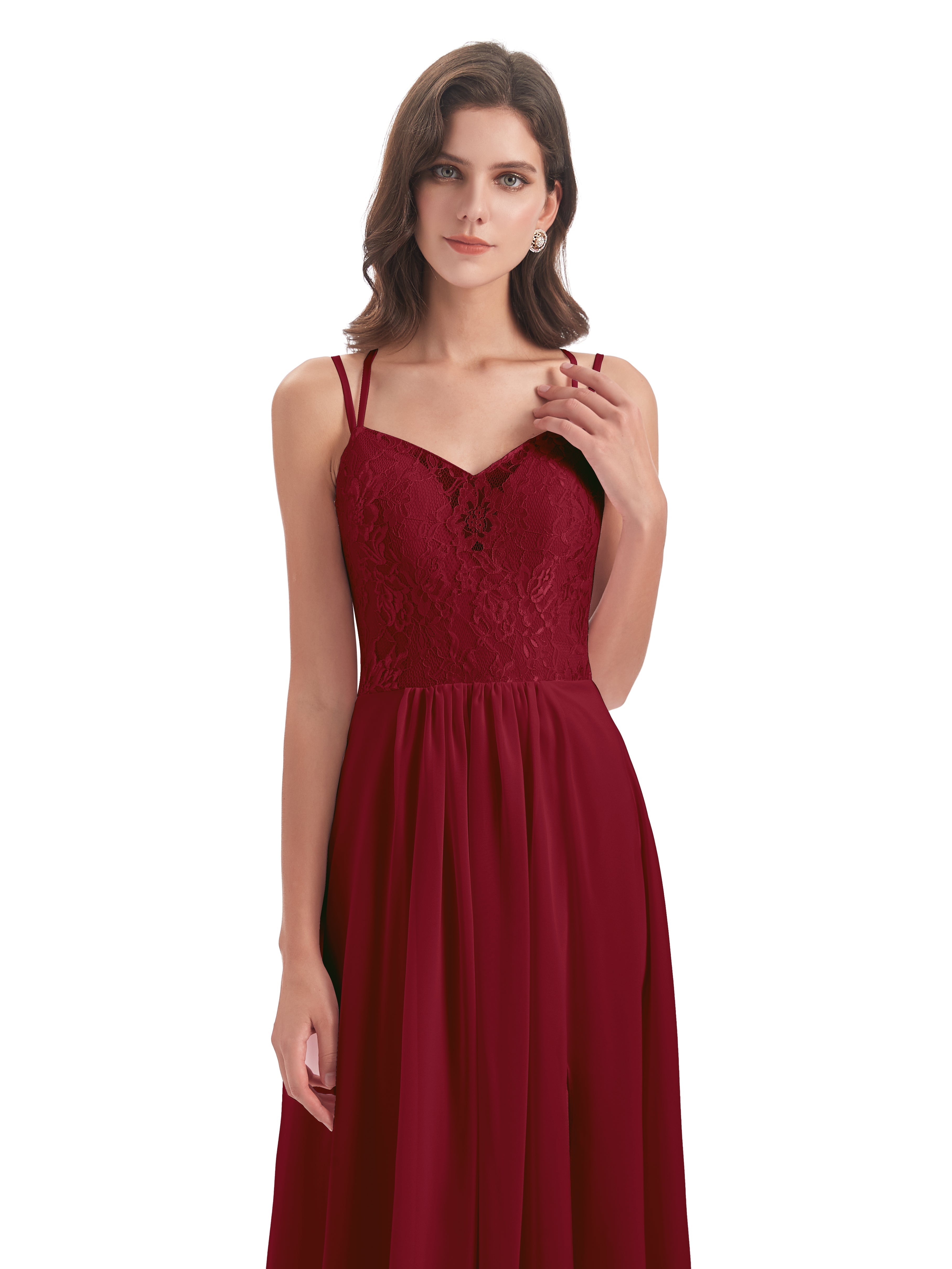 Robe Longue Bordeaux Demoiselle D Honneur Trapèze Bretelles Spaghetti Fendue Robes Demoiselle D'Honneur