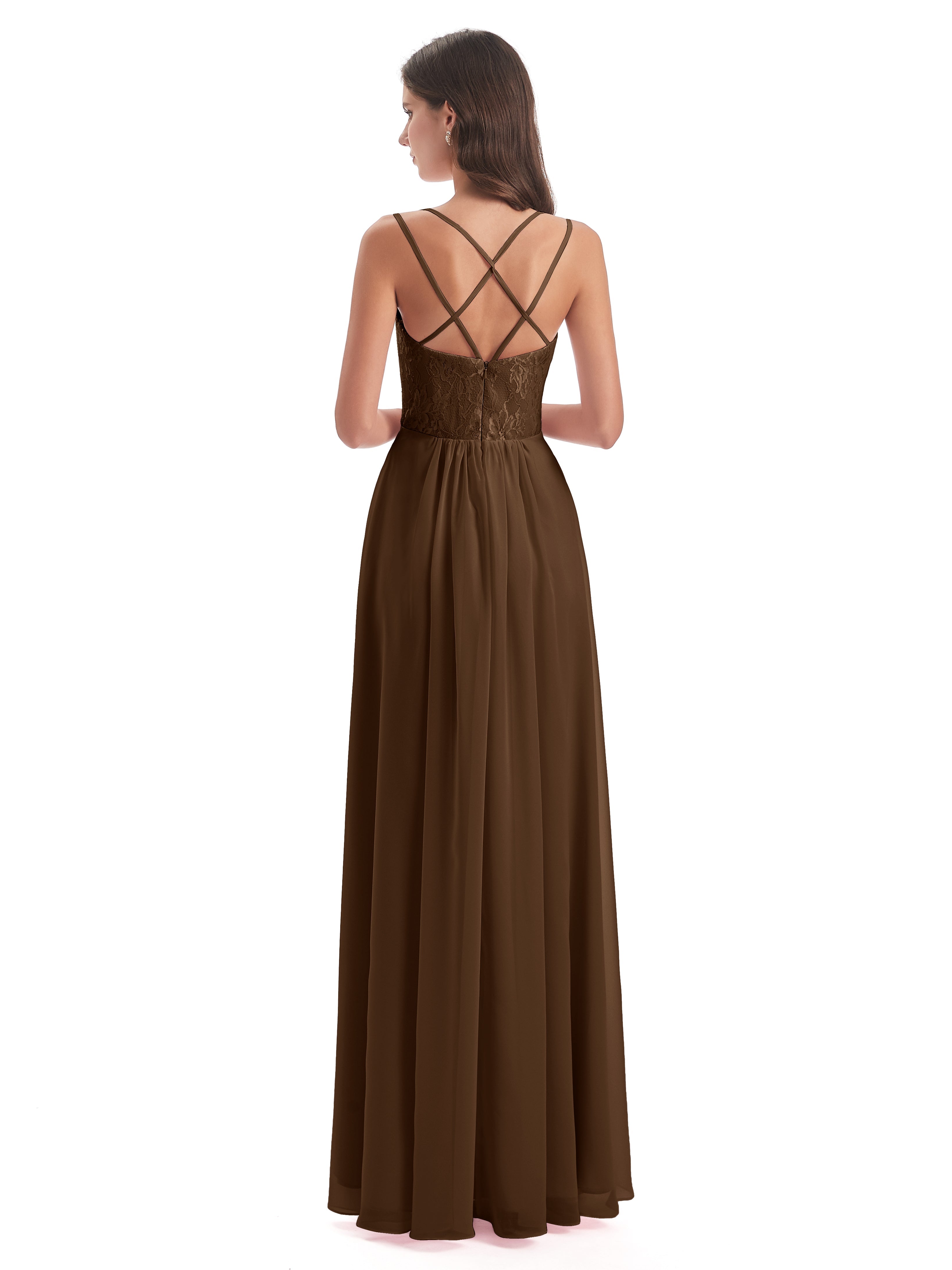 Robes De Demoiselle D'Honneur Brun Trapèze Bretelles Spaghetti Fendue Robes Demoiselle D'Honneur