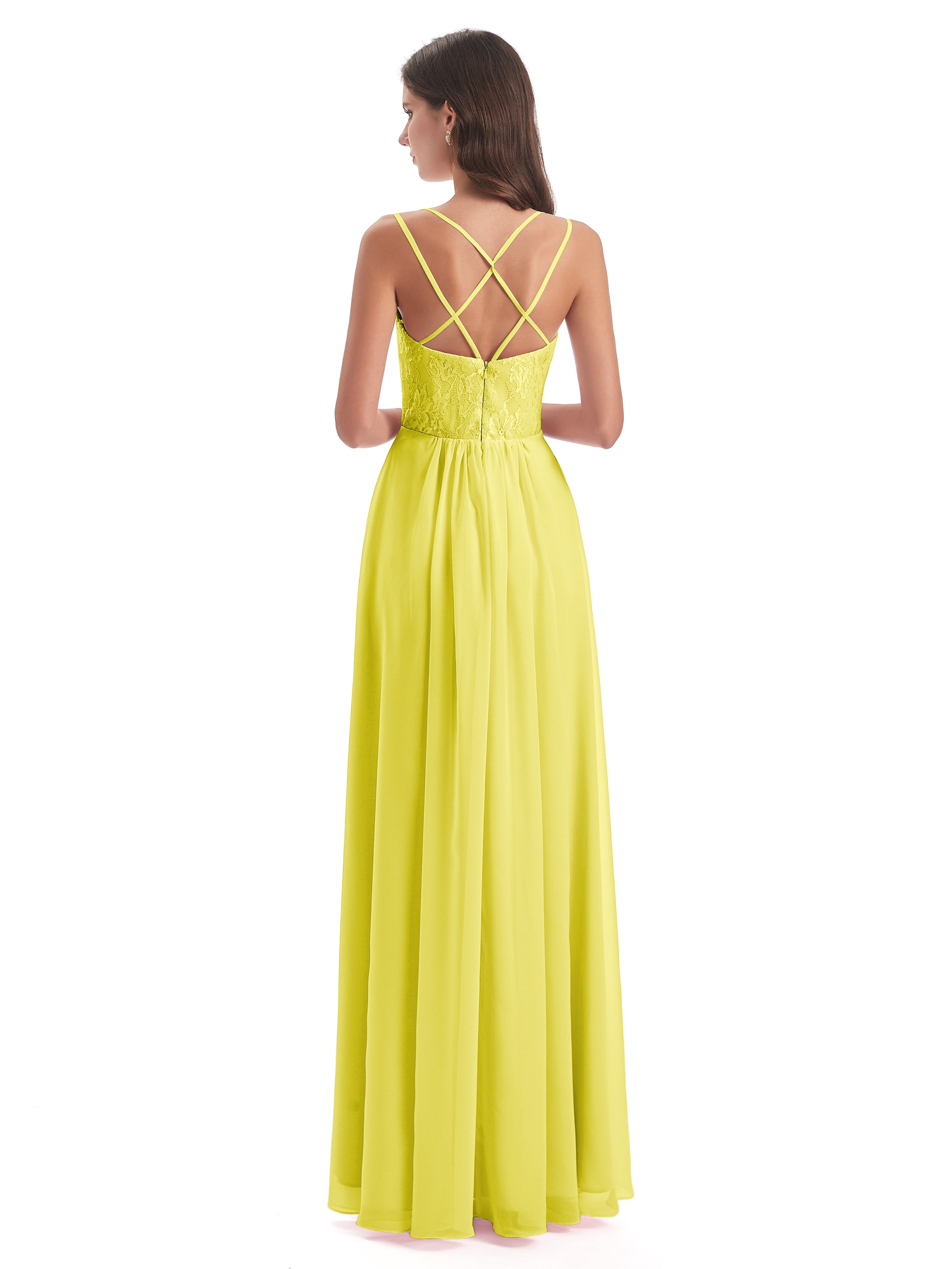 Robes De Demoiselle D'Honneur Citron Trapèze Bretelles Spaghetti Fendue Robes Demoiselle D'Honneur