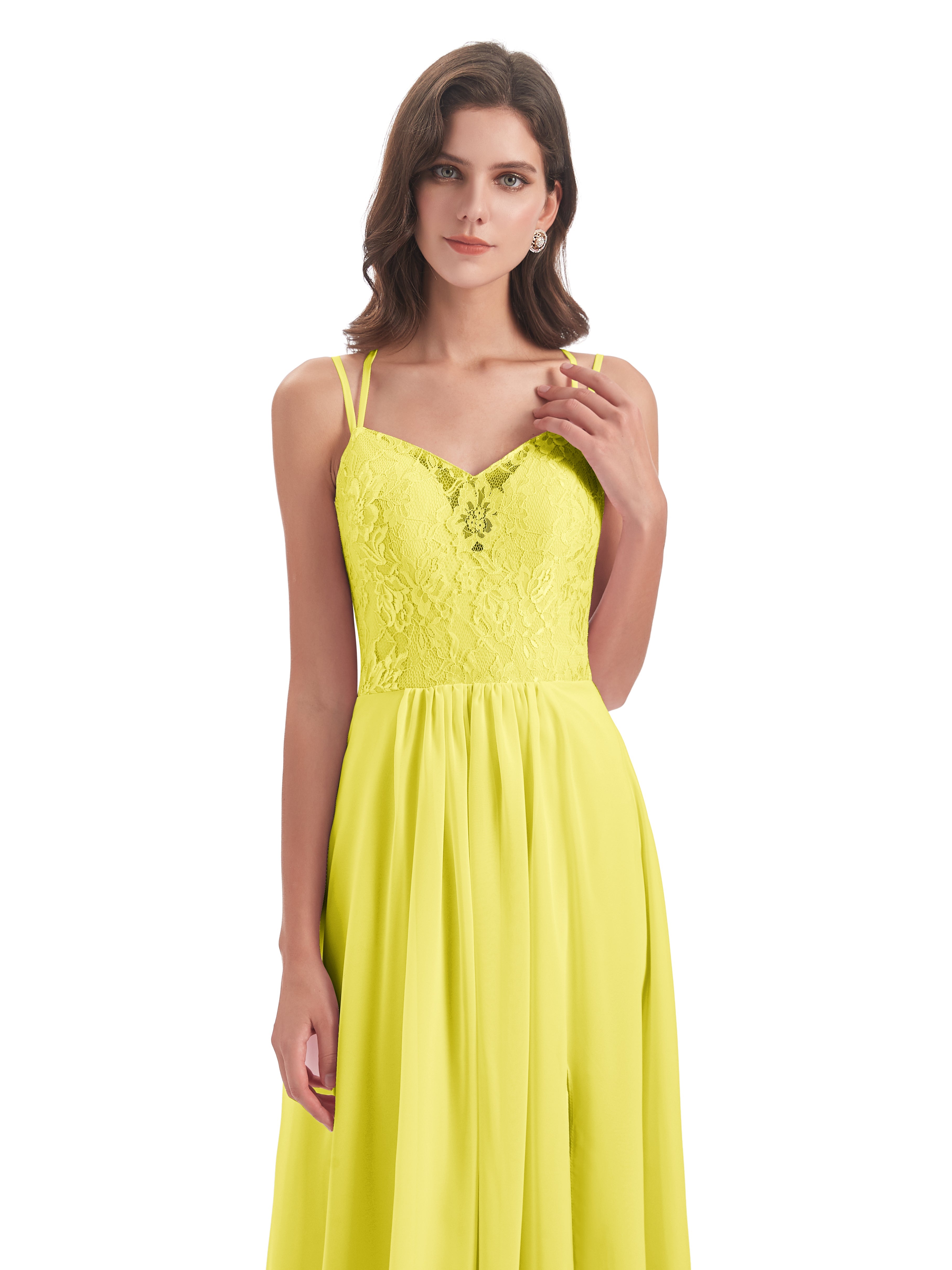 Robes De Demoiselle D'Honneur Citron Trapèze Bretelles Spaghetti Fendue Robes Demoiselle D'Honneur