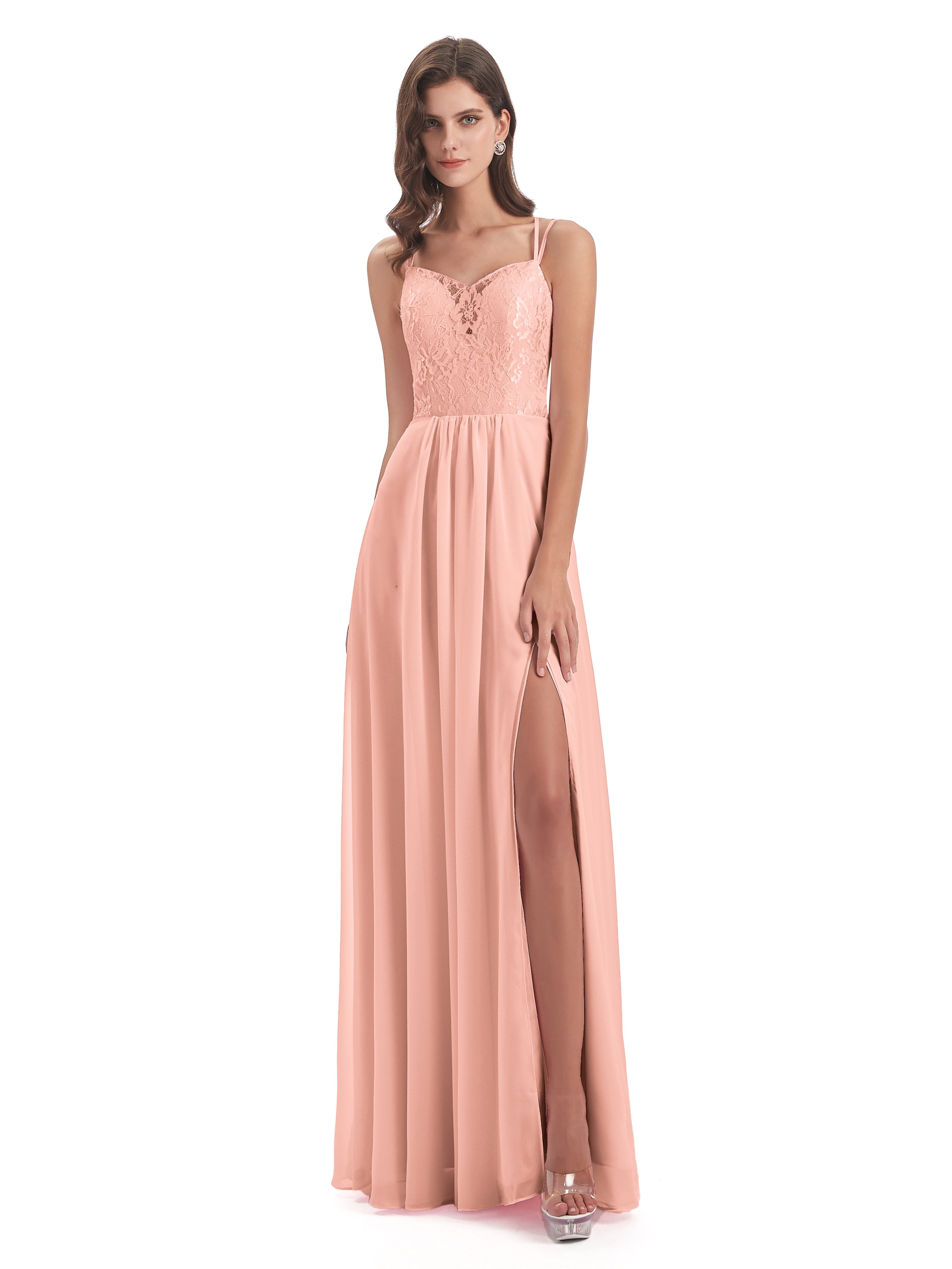 Robe Demoiselle Honneur Corail Trapèze Bretelles Spaghetti Fendue Robes Demoiselle D'Honneur