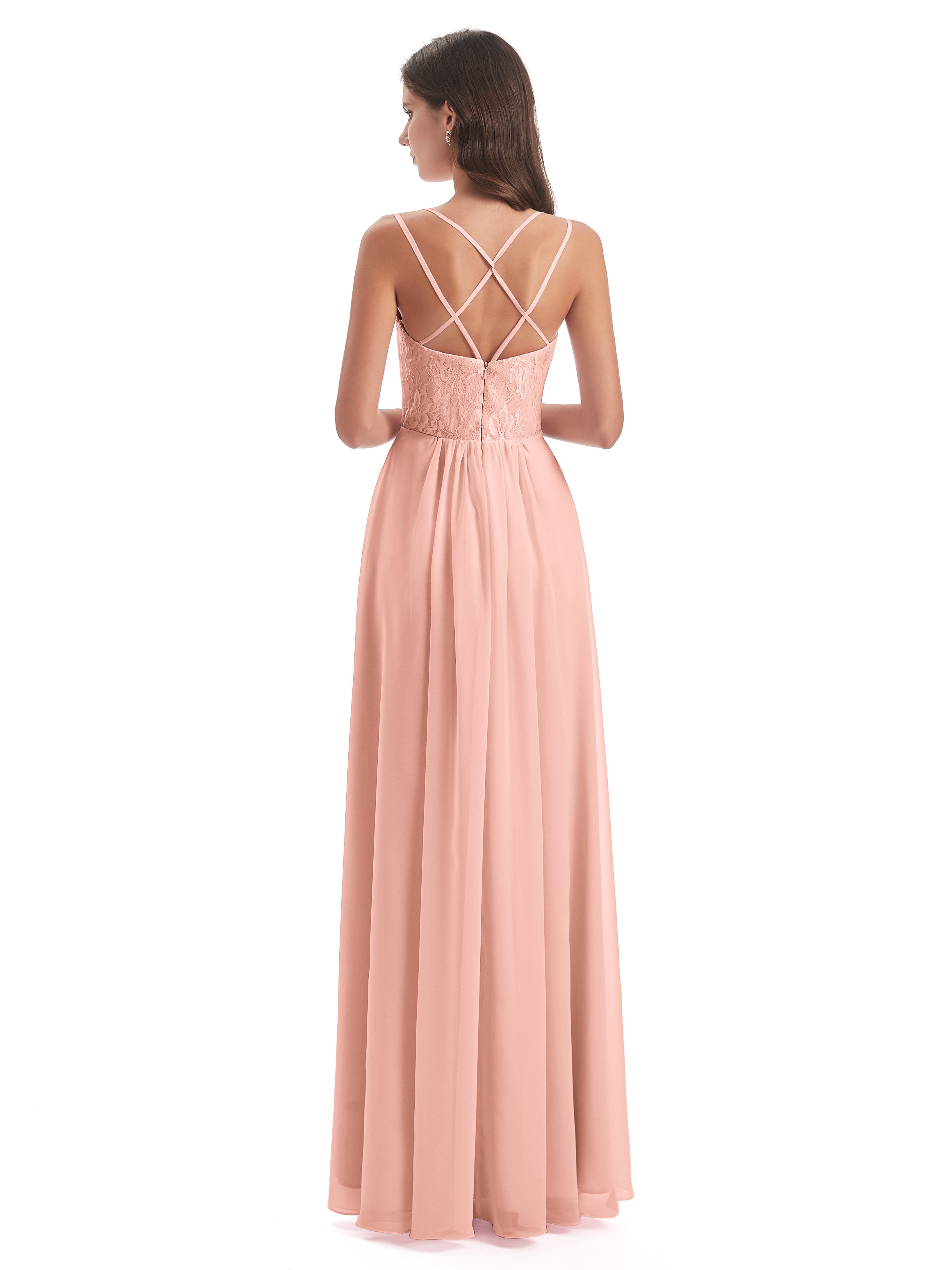 Robe Demoiselle Honneur Corail Trapèze Bretelles Spaghetti Fendue Robes Demoiselle D'Honneur